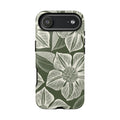 Vintage Bloom Cypress iPhone 17 Air case – Glossy | cypress green ground, large-scale white clematis print, engraved petal detail, dual-layer protection