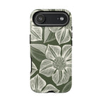 Vintage Bloom Cypress iPhone 17 Air case – Glossy | cypress green ground, large-scale white clematis print, engraved petal detail, dual-layer protection
