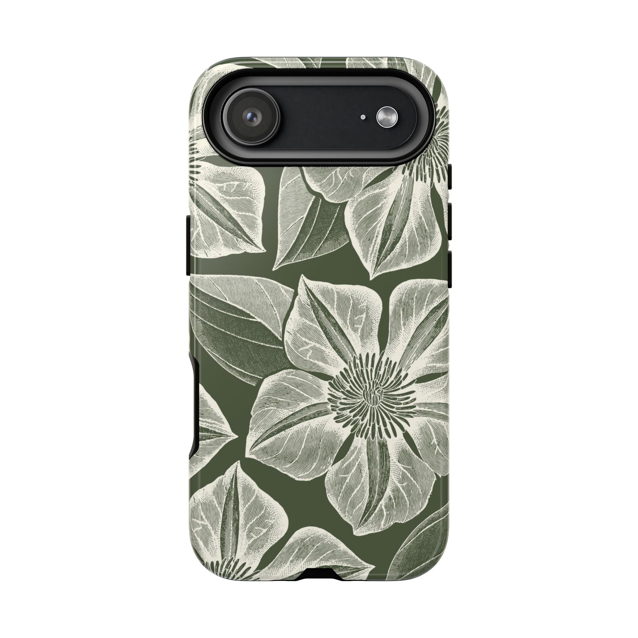 Vintage Bloom Cypress iPhone 17 Air case – Glossy | cypress green ground, large-scale white clematis print, engraved petal detail, dual-layer protection