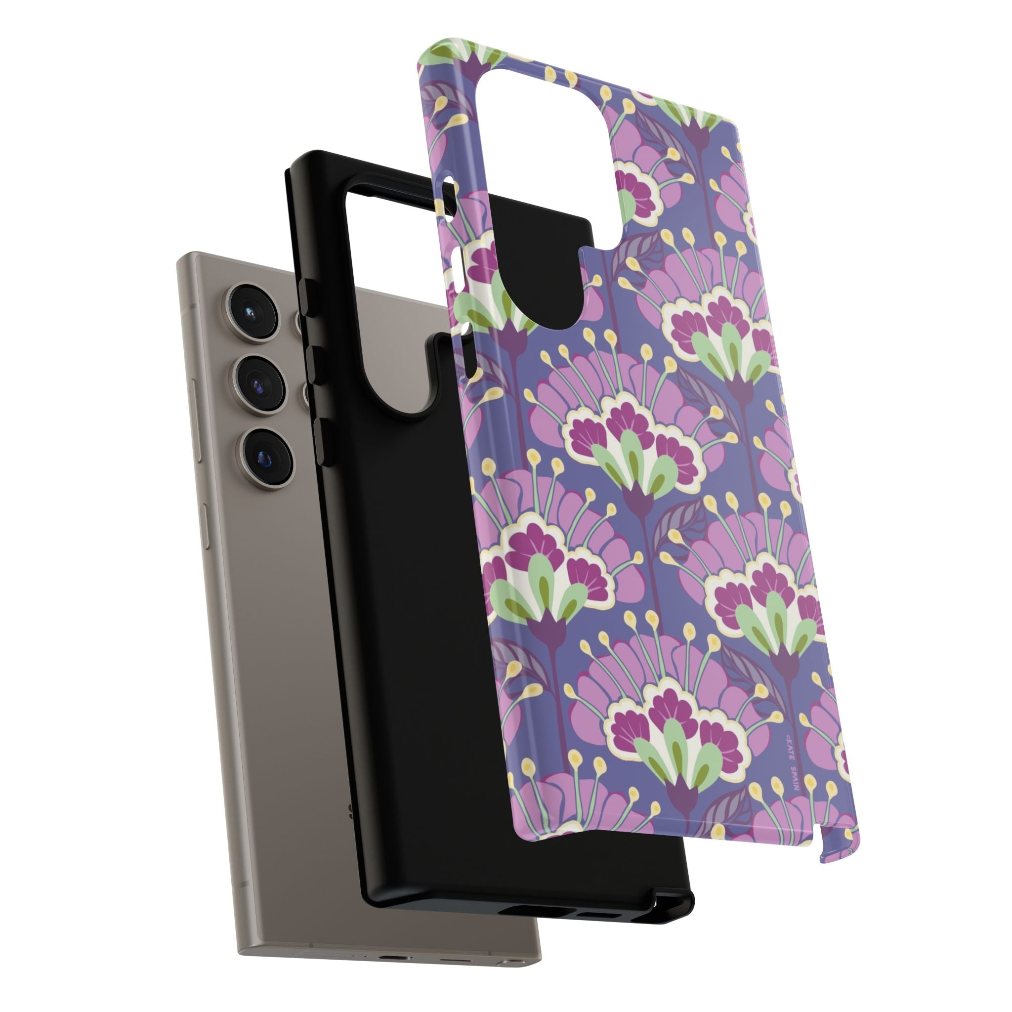 Luxury Lantern Flower Samsung Galaxy S24 Ultra Case – Glossy | close-up of shock-absorbing layered case in mauve, purple, lime green floral print