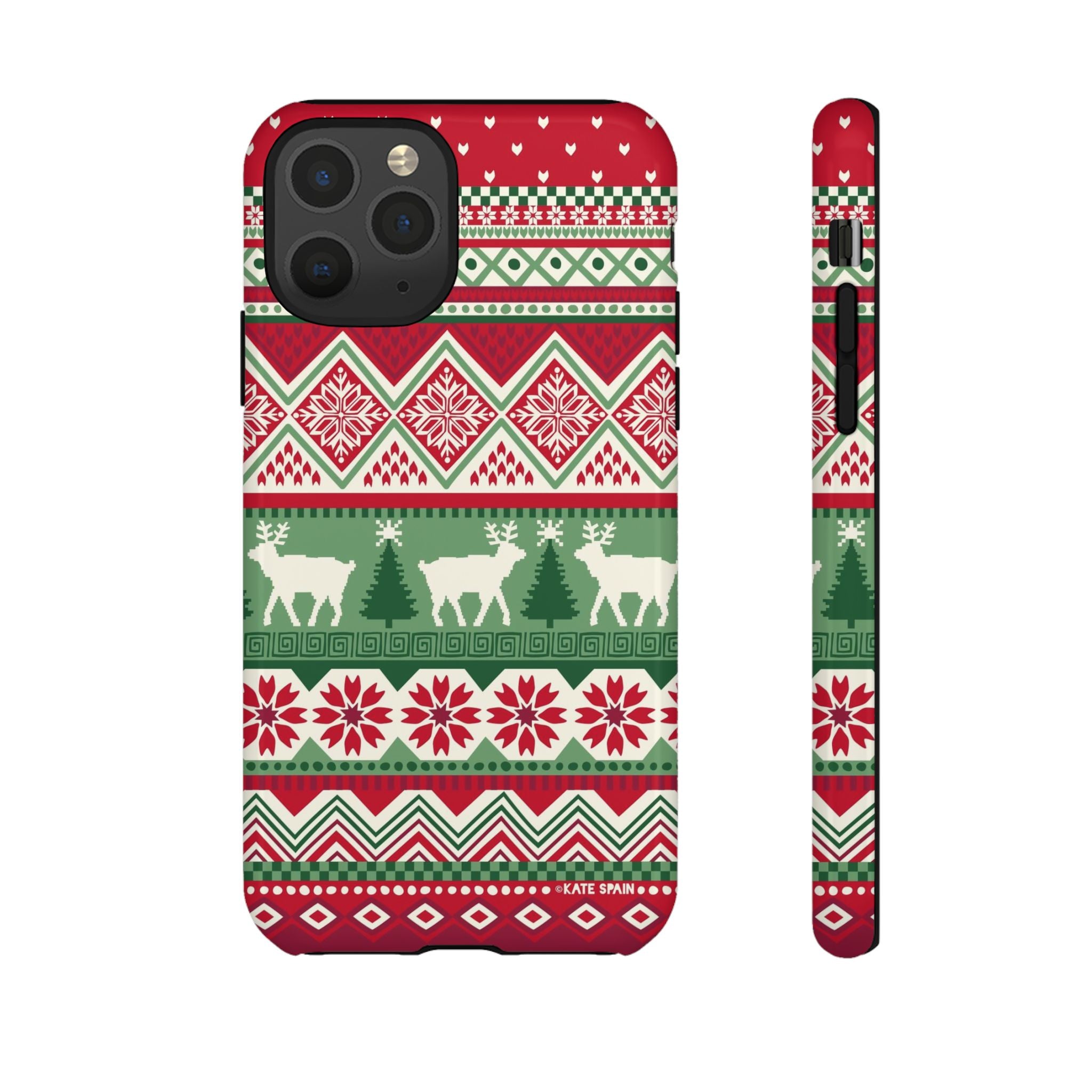 Telemark Tough iPhone 11 Pro Case – Glossy | red, green, cream fair isle reindeer Nordic print