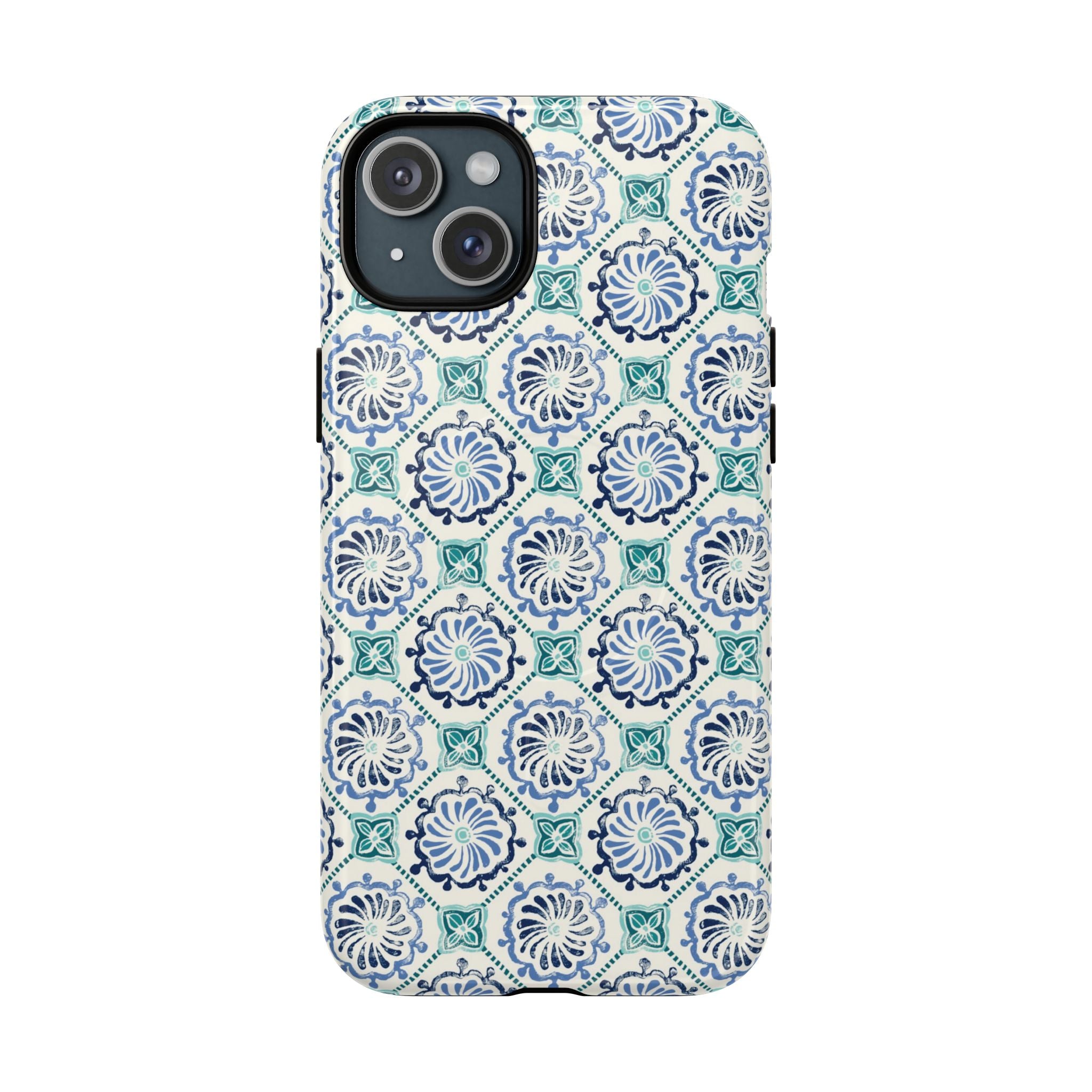 Horizon Blue Tile MagSafe iPhone 15 Plus Case – Glossy | blue, turquoise, cream white MagSafe compatible, dual-layer protection