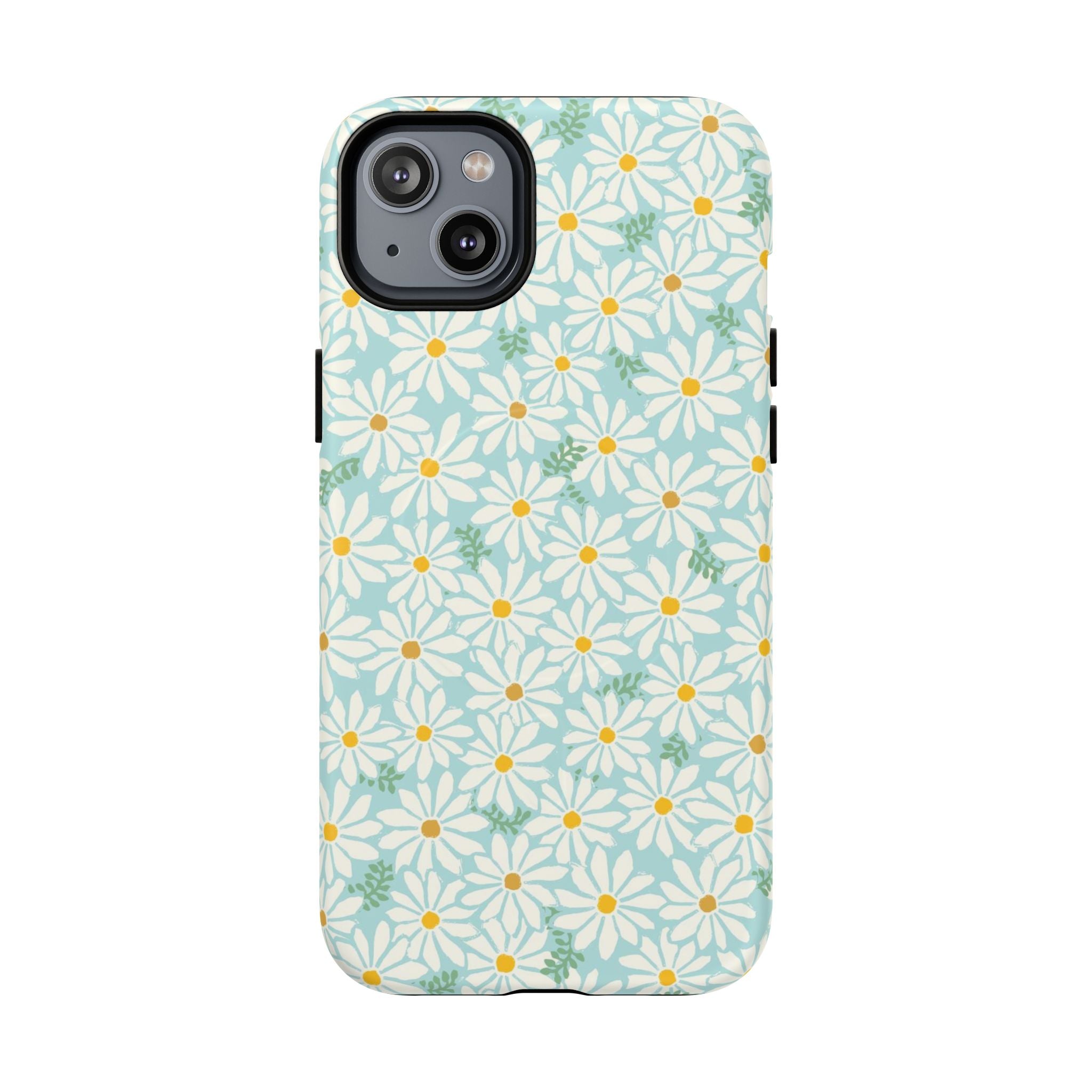 Daisies MagSafe iPhone 14 Plus Case – Matte | sky blue, white daisy print, golden yellow centers, mint green leaves MagSafe compatible, dual-layer protection
