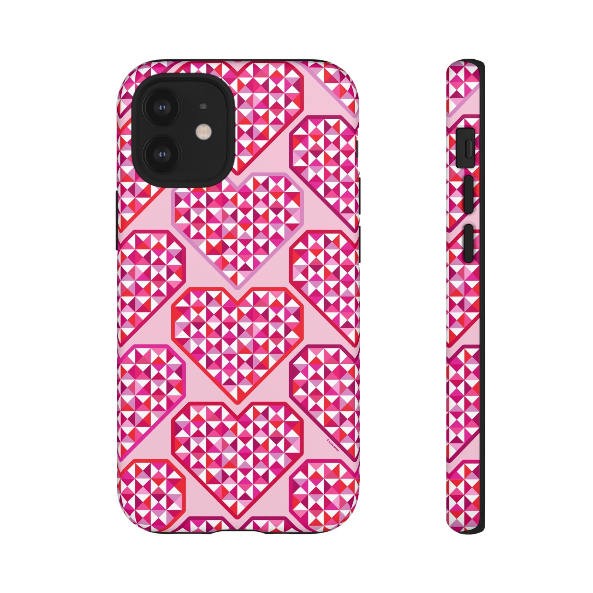 Pink Pyramid Heart Tough iPhone 12 Mini Case – Matte | blush, pink, magenta, red geometric pyramid heart print