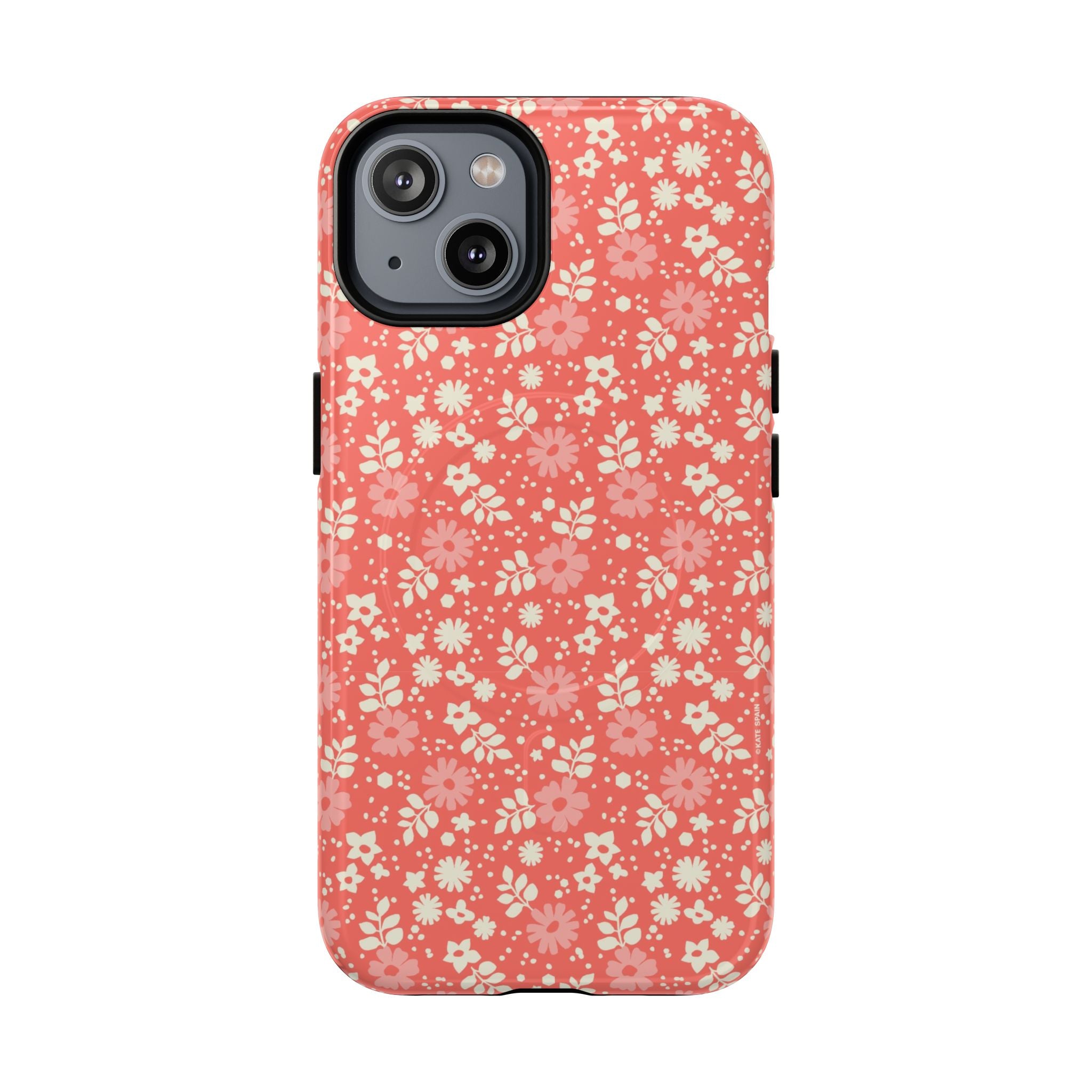 Petaline Coral MagSafe iPhone 14 Case – Glossy | coral, pink, cream ditsy floral print
