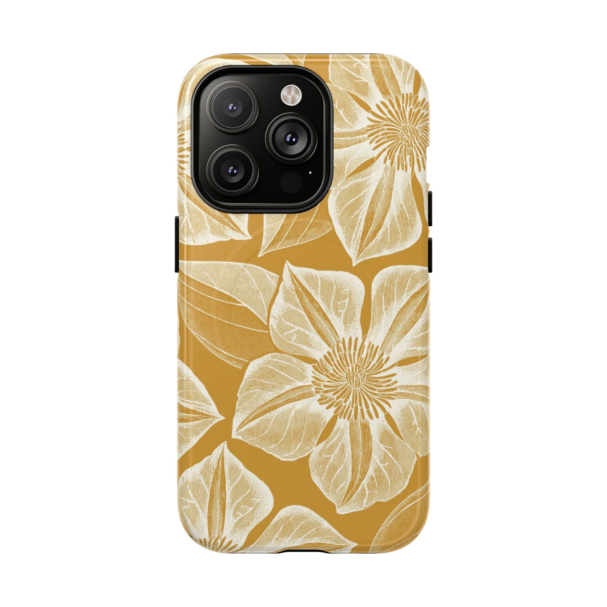 Vintage Bloom Gold MagSafe iPhone 14 Pro Case – Glossy | warm gold ground, large-scale cream clematis print, engraved petal detail, dual-layer protection