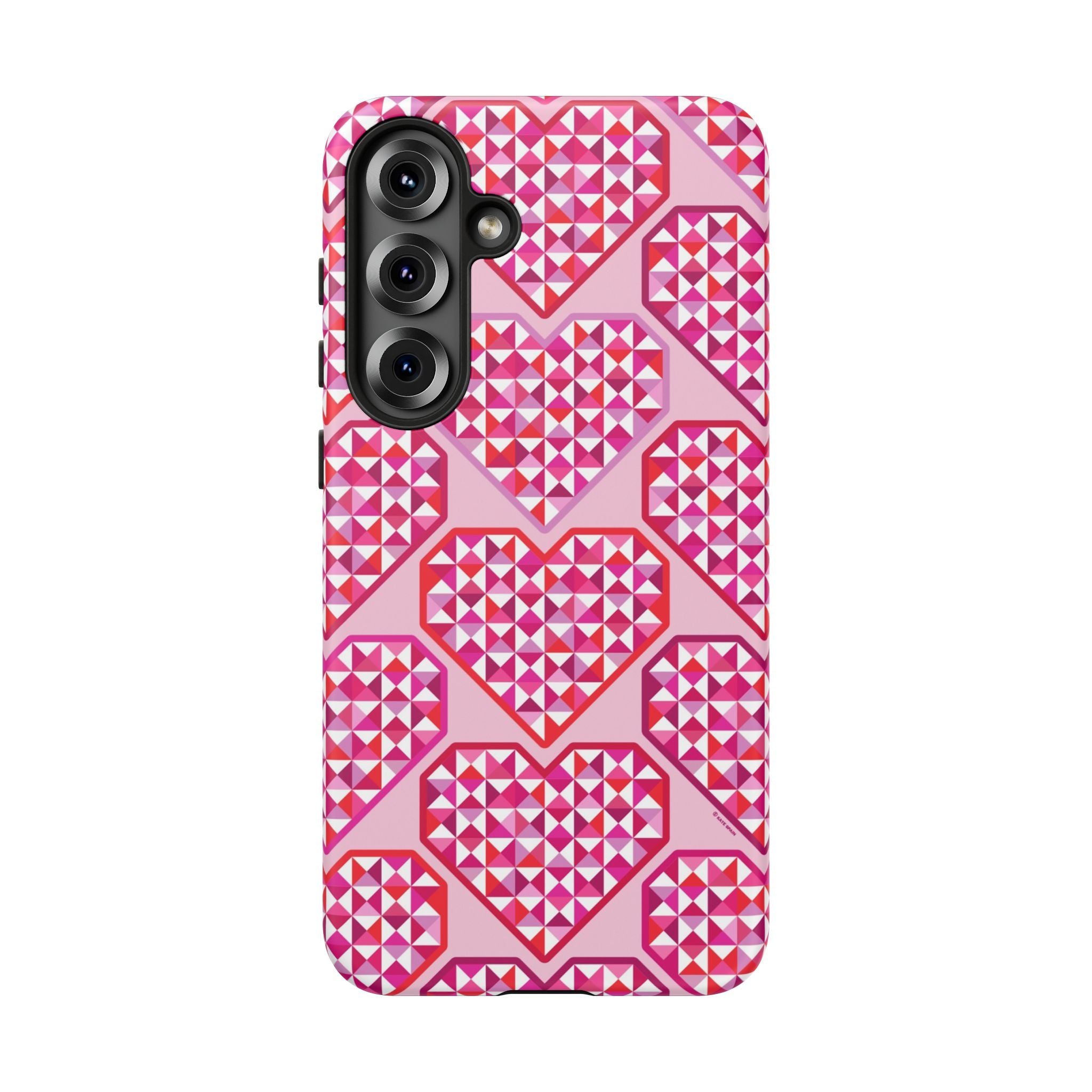 Pink Pyramid Heart Samsung Galaxy S25 Plus Case – Glossy | pink, magenta, white geometric heart pyramid print