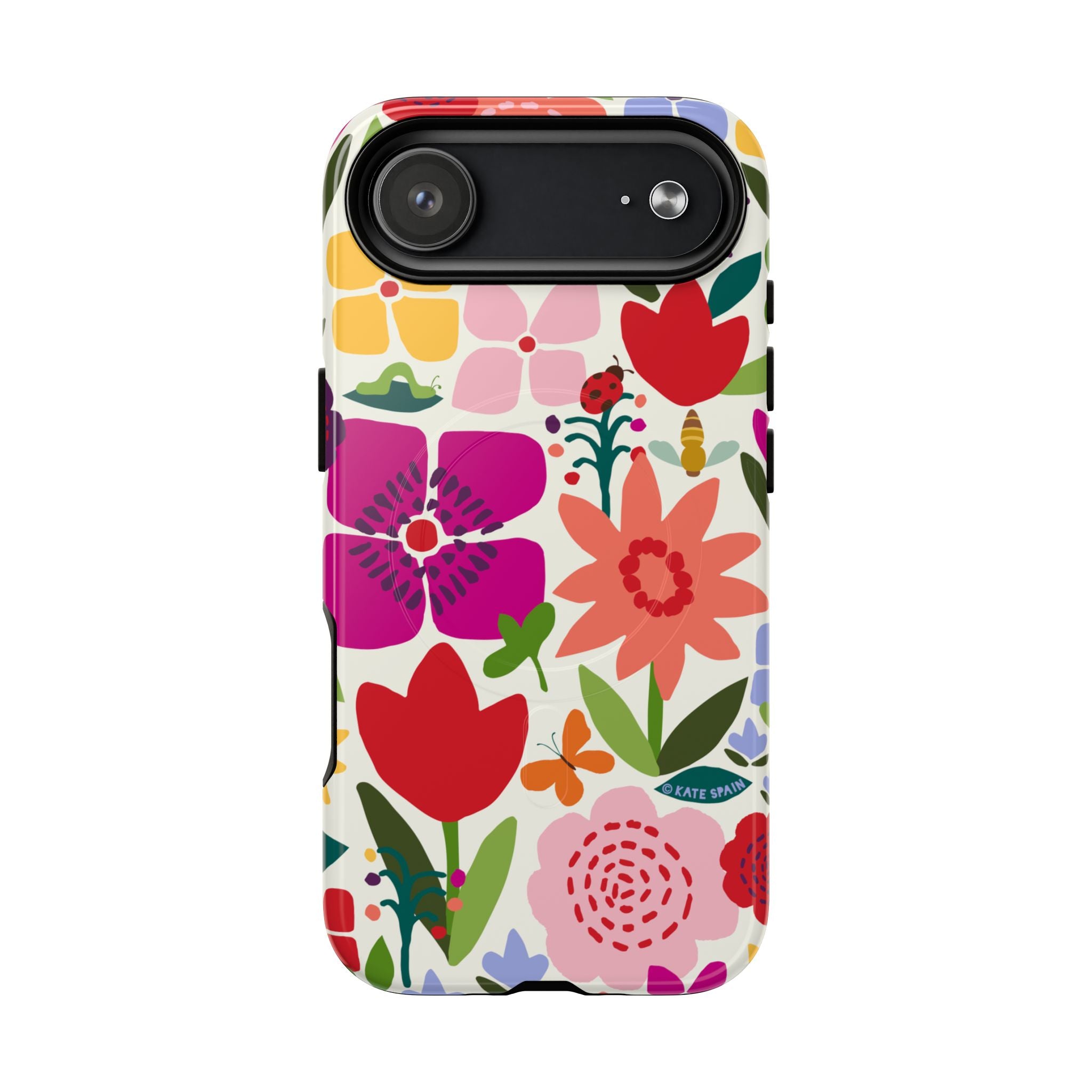 Happy Blooms MagSafe iPhone 17 Air Case – Glossy | cream, red, magenta, coral botanical floral print