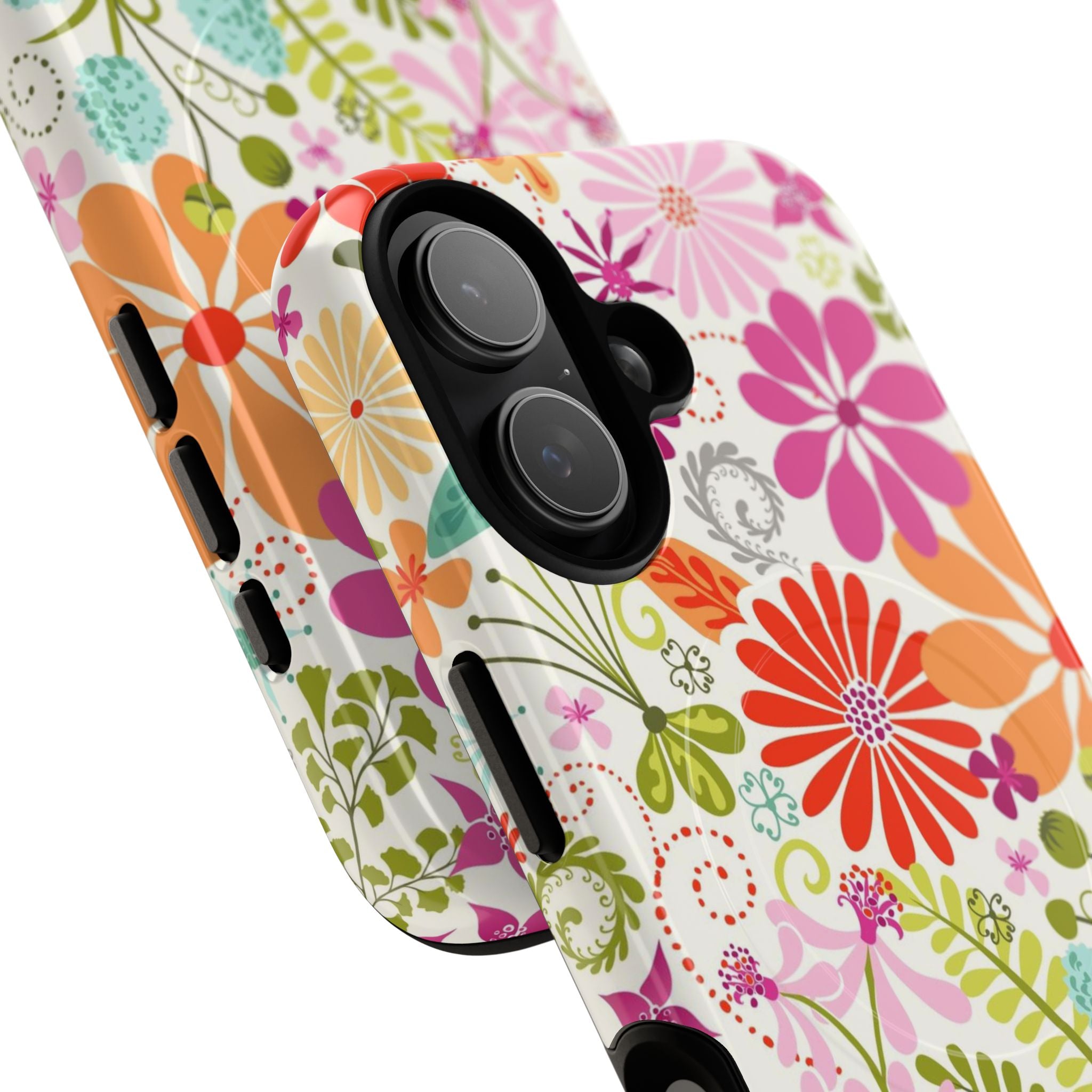Terrain Day MagSafe iPhone 17 Case – Glossy | white, magenta, coral botanical woodland floral print | angled view closeup of camera cutout and buttons