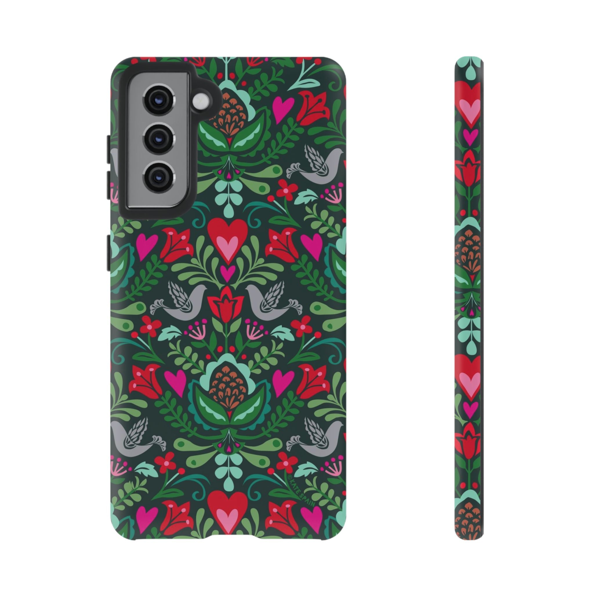 Rosemaling Samsung Galaxy S21 Case – Matte | forest green, red, pink rosemaling floral print