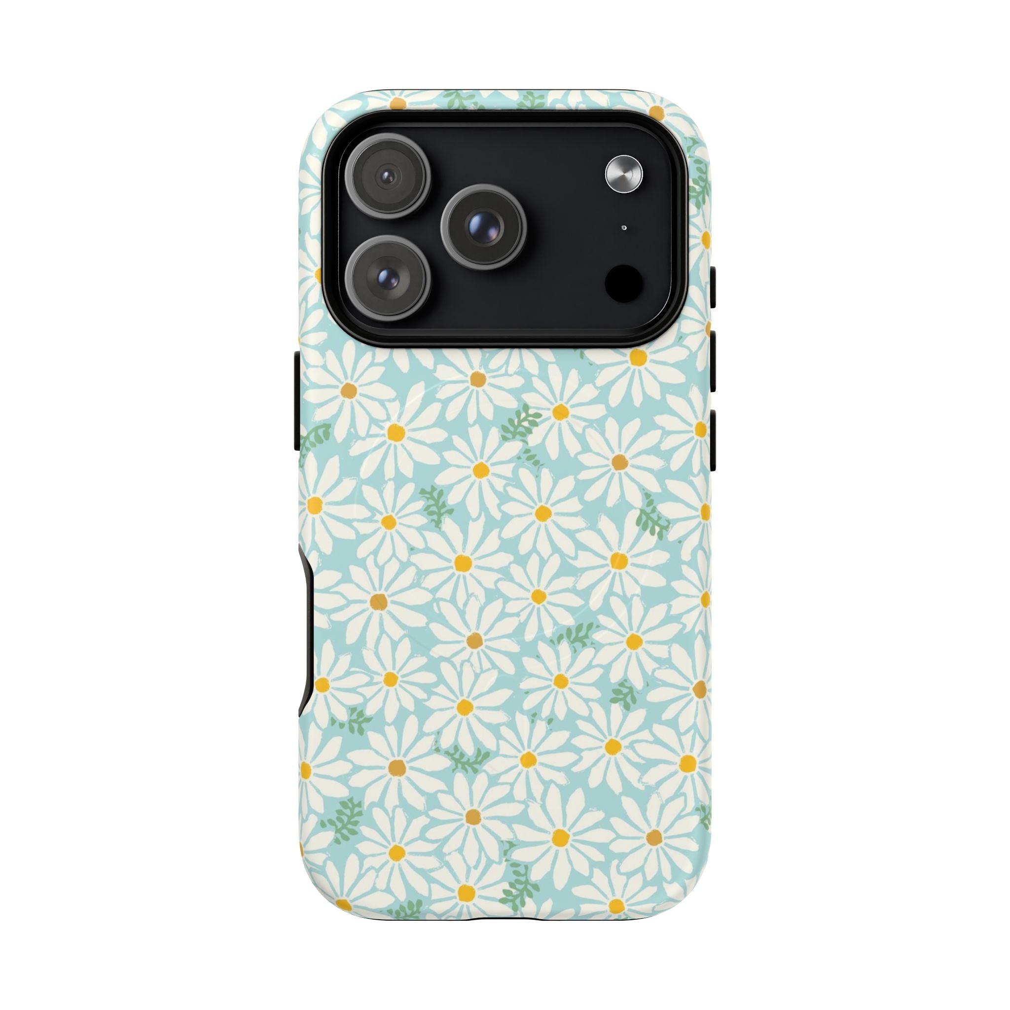 Daisies MagSafe iPhone 17 Pro Case – Matte | sky blue, white daisy print, golden yellow centers, mint green leaves MagSafe compatible, dual-layer protection