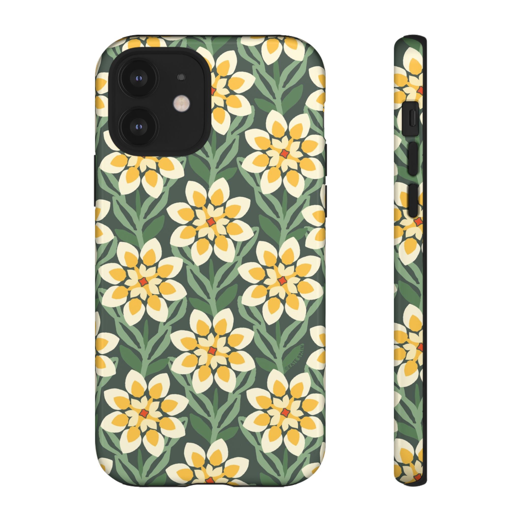 Designer Modern Dahlia Tough iPhone 12 Case – Glossy | yellow, cream, green dahlia floral print