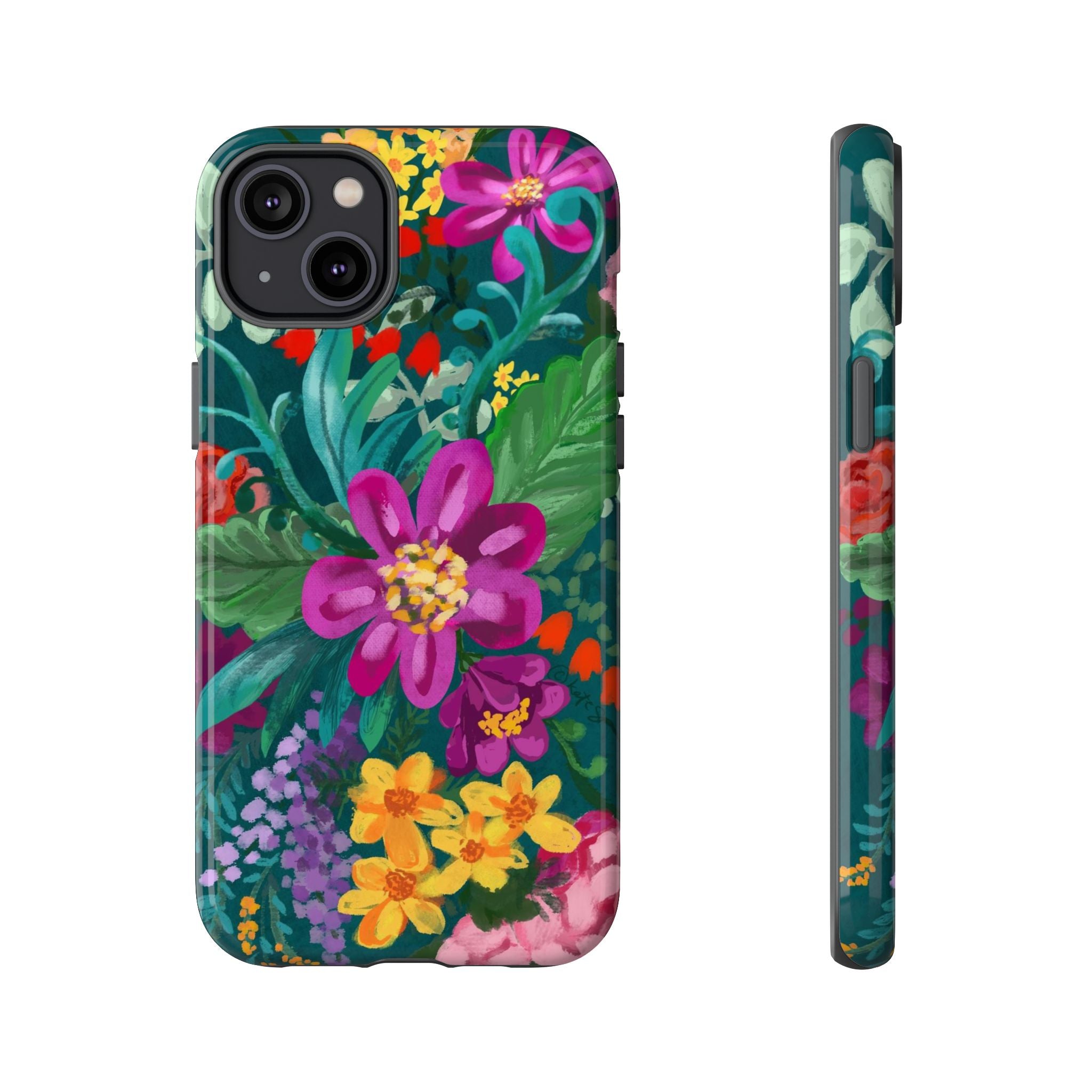 Posy Tough iPhone 14 Plus Case – Glossy | teal, purple, magenta, yellow botanical wildflower print