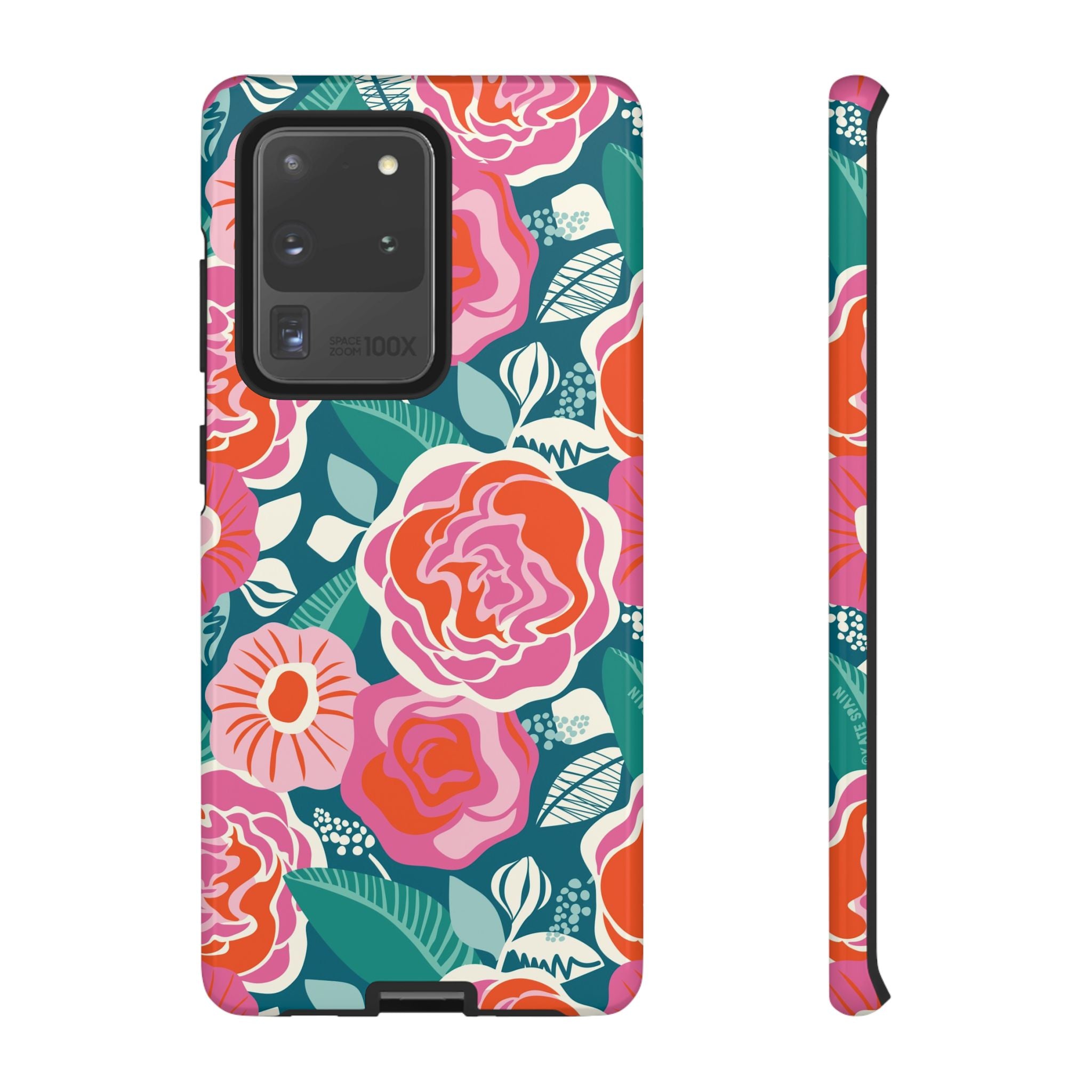 Luxury Tea Rose Teal Samsung Galaxy S20 Ultra Case – Glossy | teal, coral, pink botanical rose floral prints