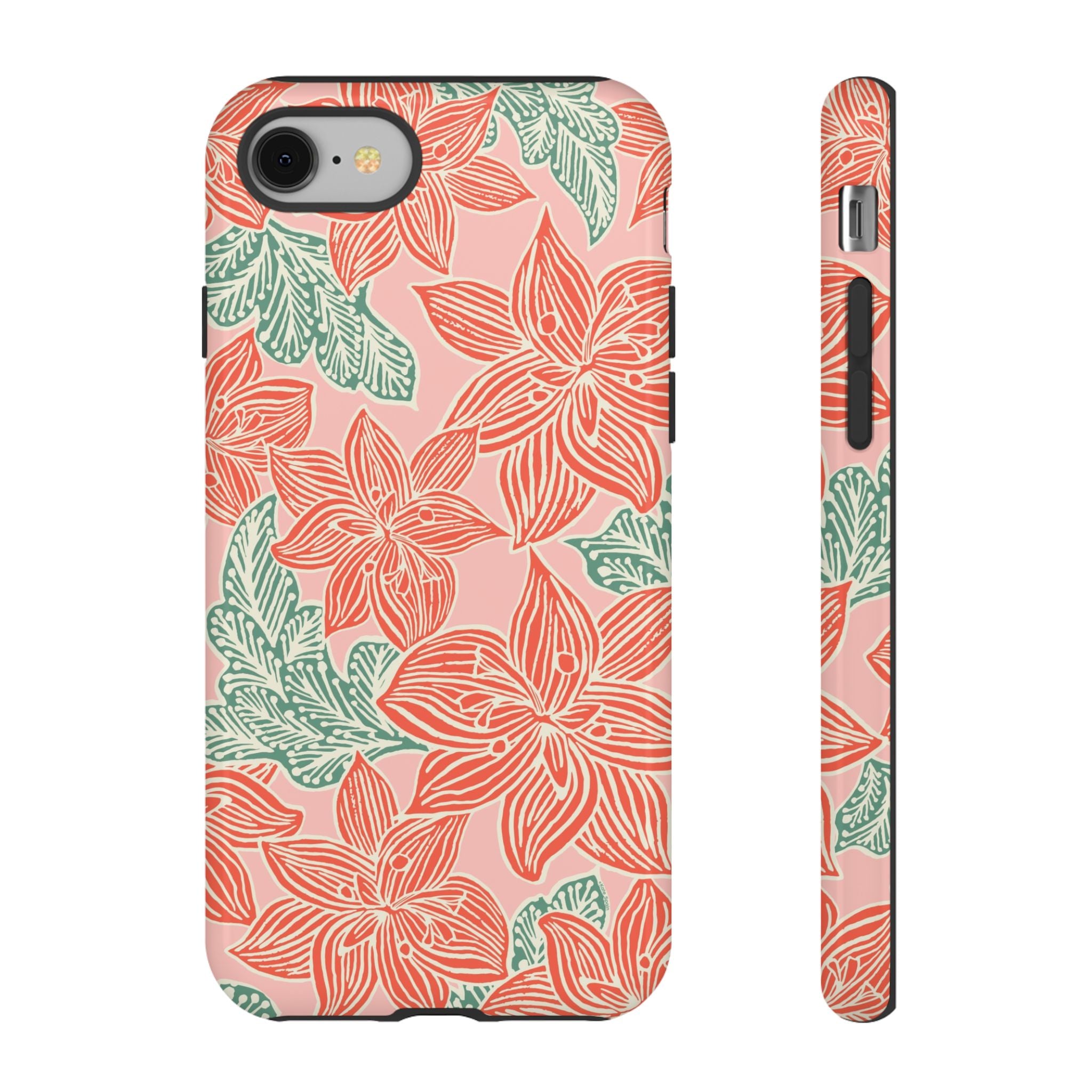 Hibiscus Coral iPhone 8 Glossy Case — blush pink hard case with large-scale coral red hibiscus flowers and teal-green leaves in a bold botanical linework print, densely layered across the surface