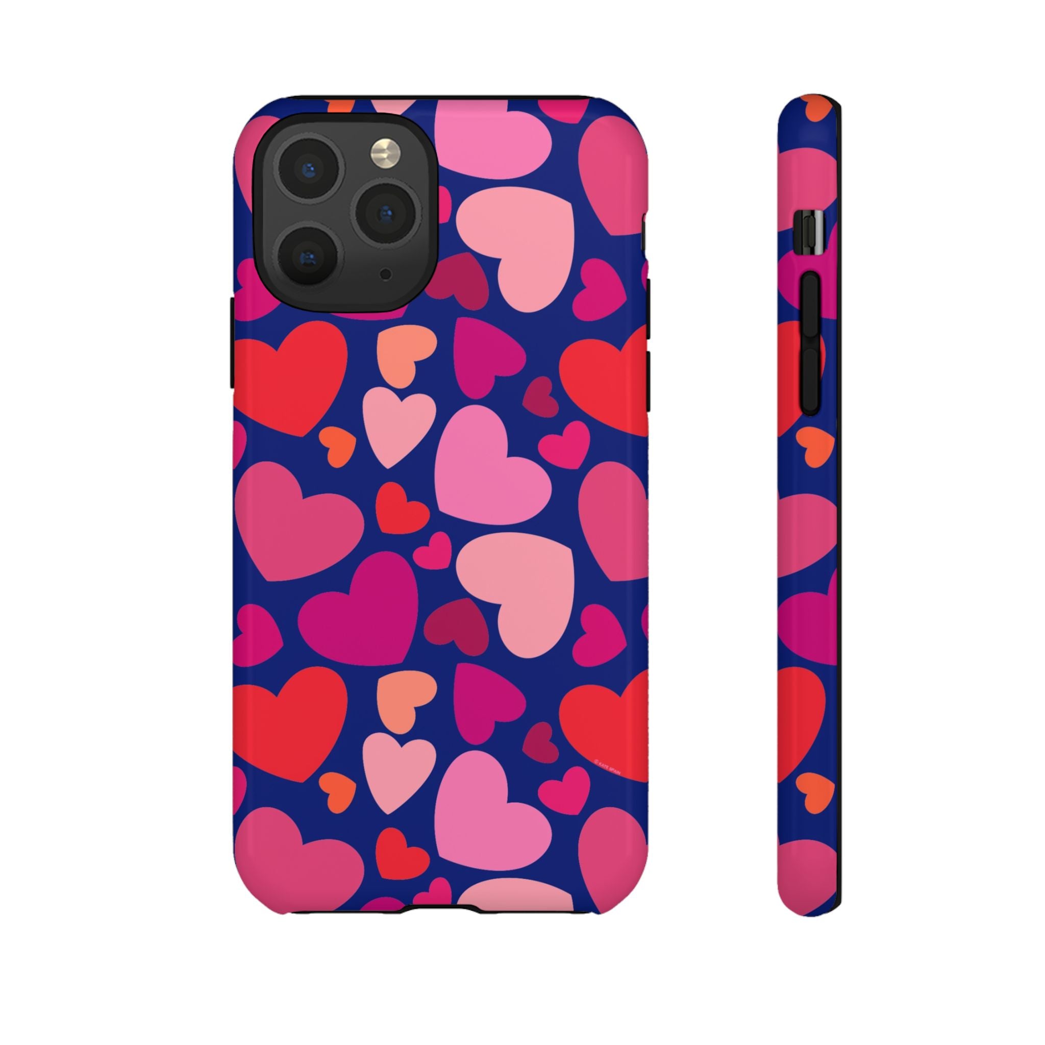 Hearts Tough iPhone 11 Pro Case – Glossy | navy, pink, red, coral scattered heart print