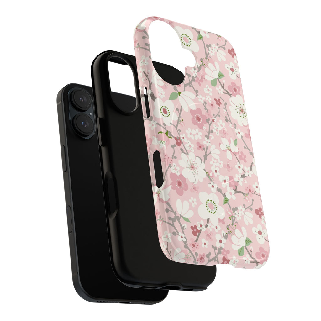 Pink Cherry Blossom MagSafe Case – side profile showing 2-lens camera in slim fit | soft pink, white, sage cherry blossom floral print