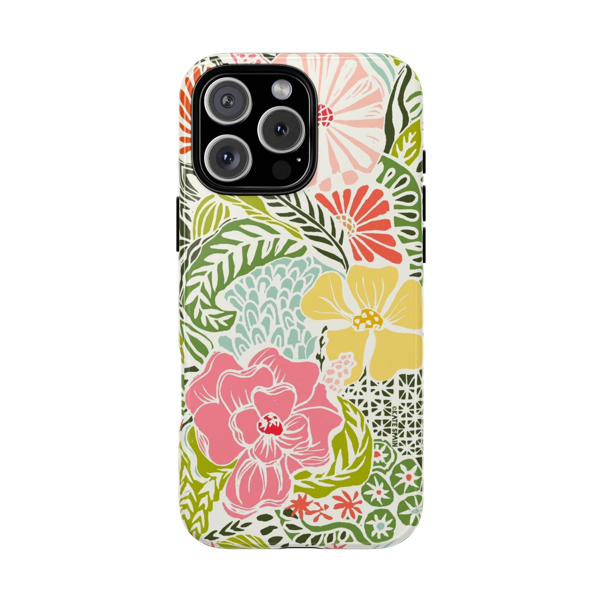 Tropica Tough iPhone 16 Pro Case – Matte | cream, pink, yellow, blue botanical floral print