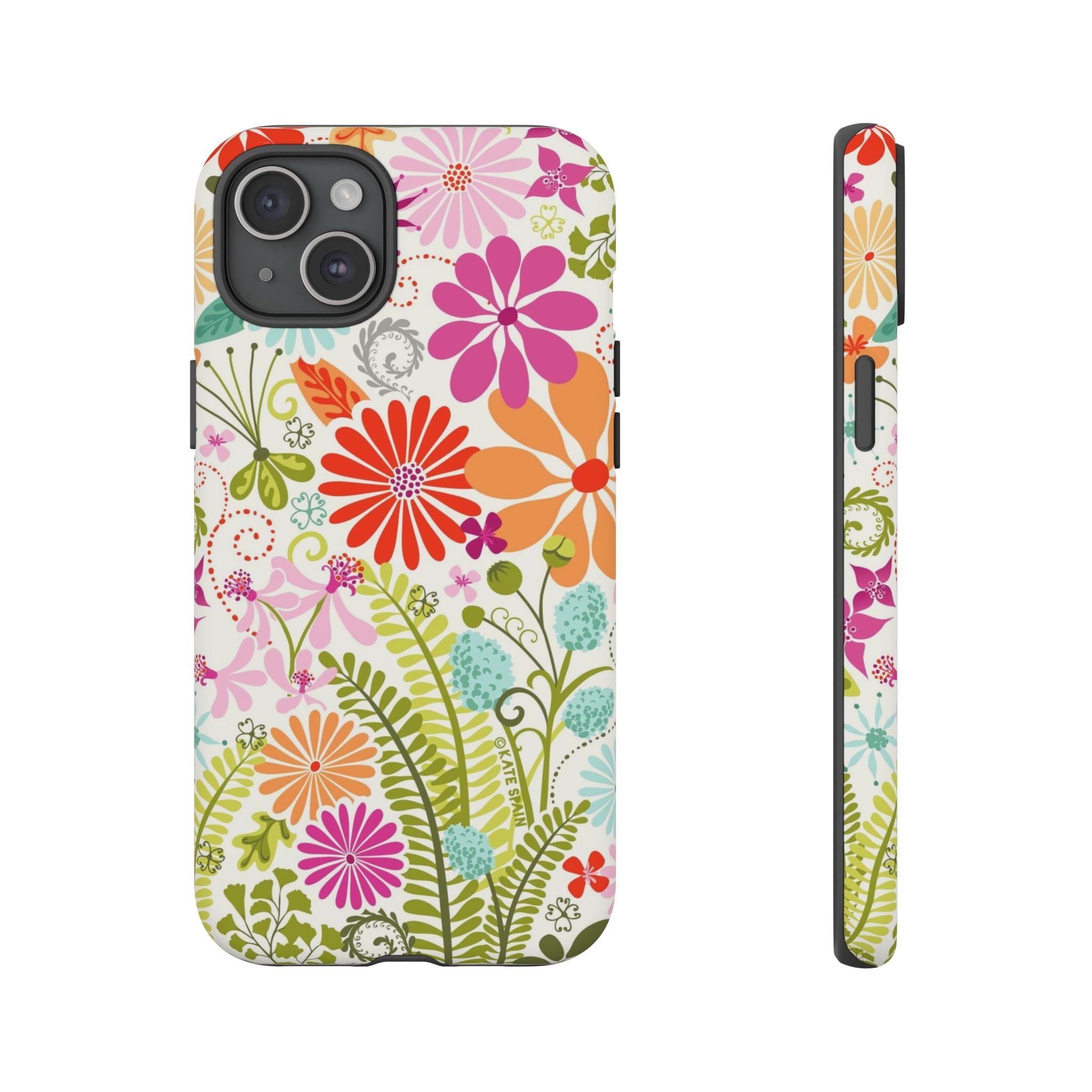 Luxury Terrain Tough iPhone 15 Plus Case – Matte | white, magenta, coral botanical woodland floral print