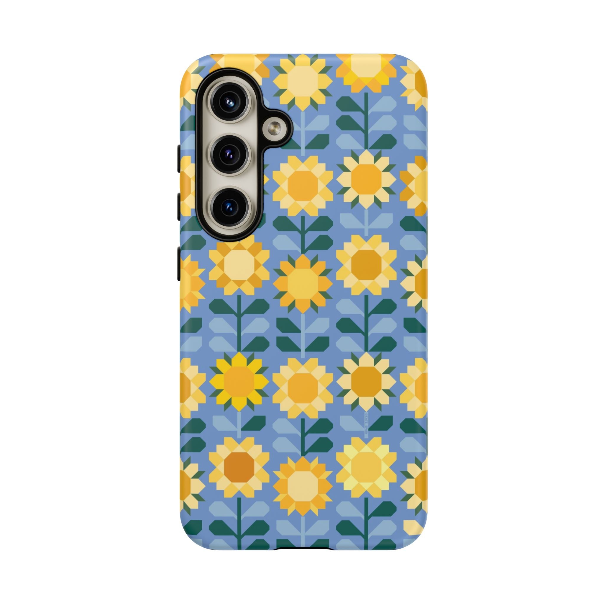 Luxury Sunflowers Samsung Galaxy S24  Case – Matte | blue, yellow, gold geometric sunflower print 