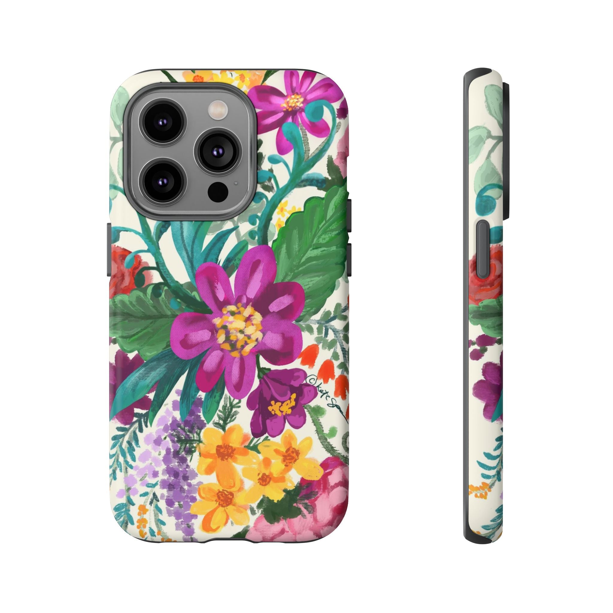 Posy Tough iPhone 14 Pro Case – Matte | cream, magenta, coral botanical floral print