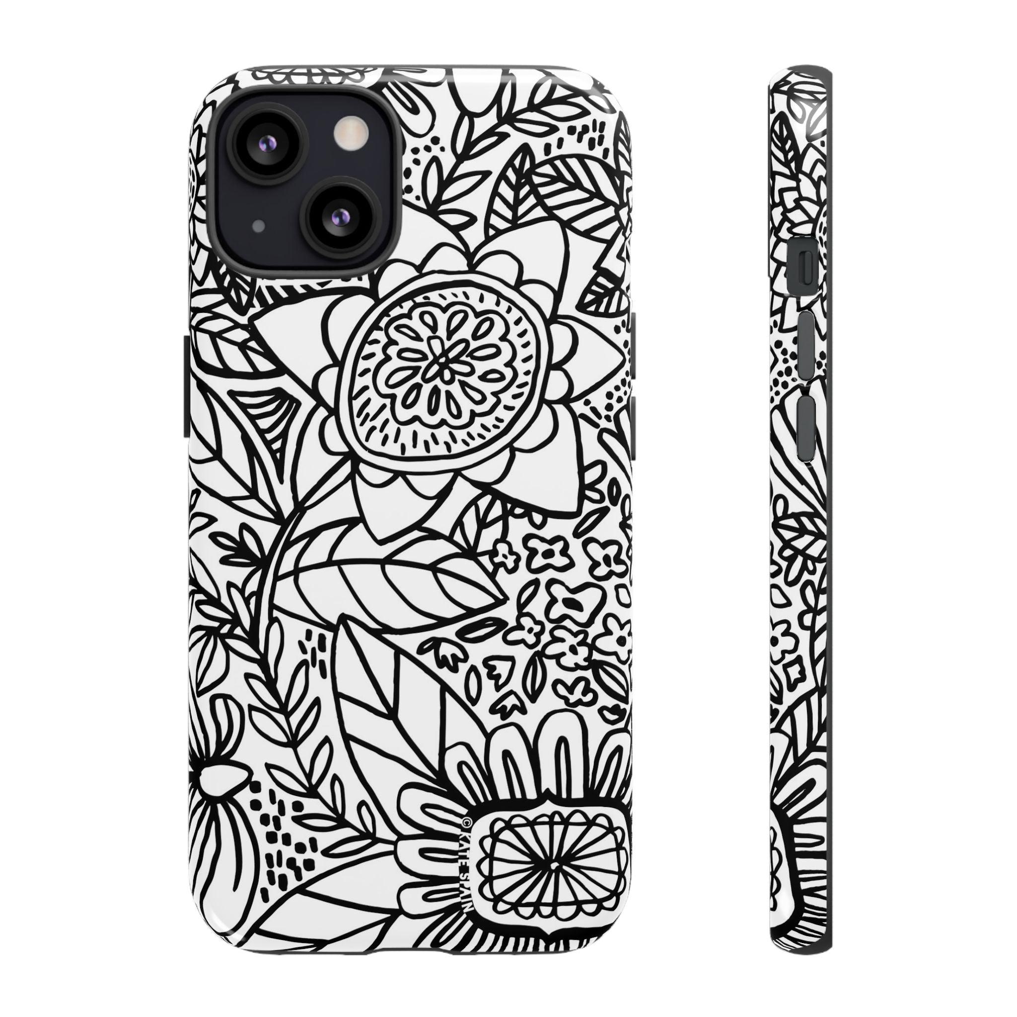 Esprit Tough iPhone 13 Case – Matte | white, black botanical line art floral print