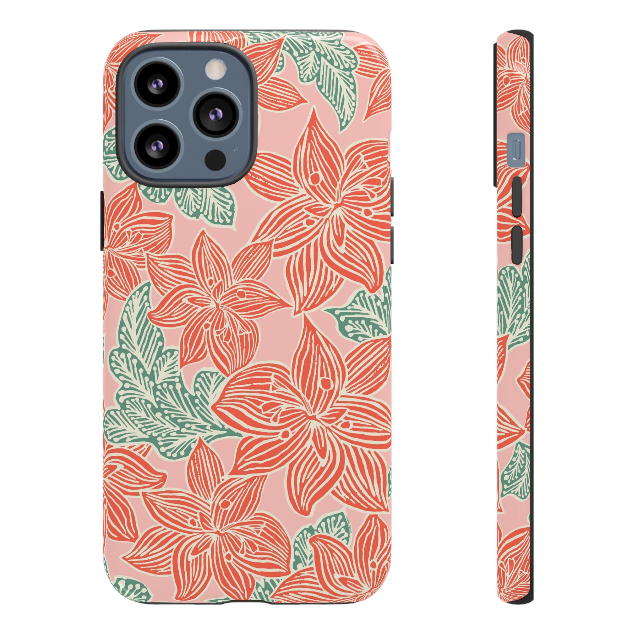 Hibiscus Coral iPhone 13 Pro Max Glossy Case — blush pink hard case with large-scale coral red hibiscus flowers and teal-green leaves in a bold botanical linework print, densely layered across the surface