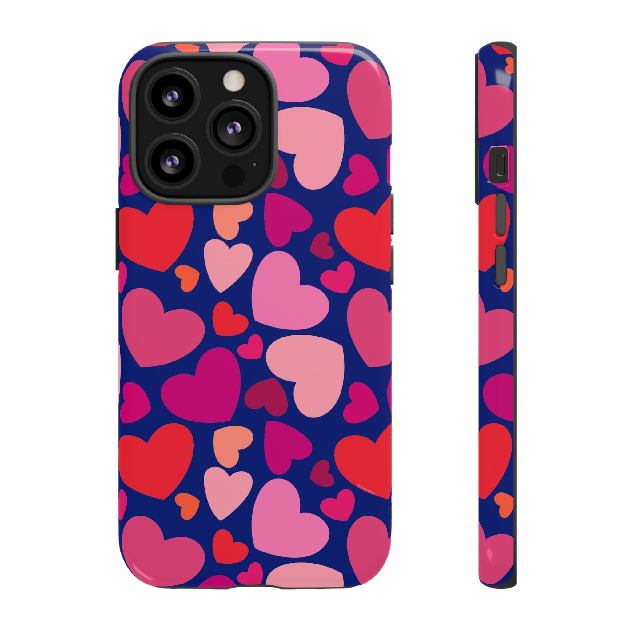 Hearts Tough iPhone 13 Pro Case – Glossy | navy, pink, red, coral scattered heart print
