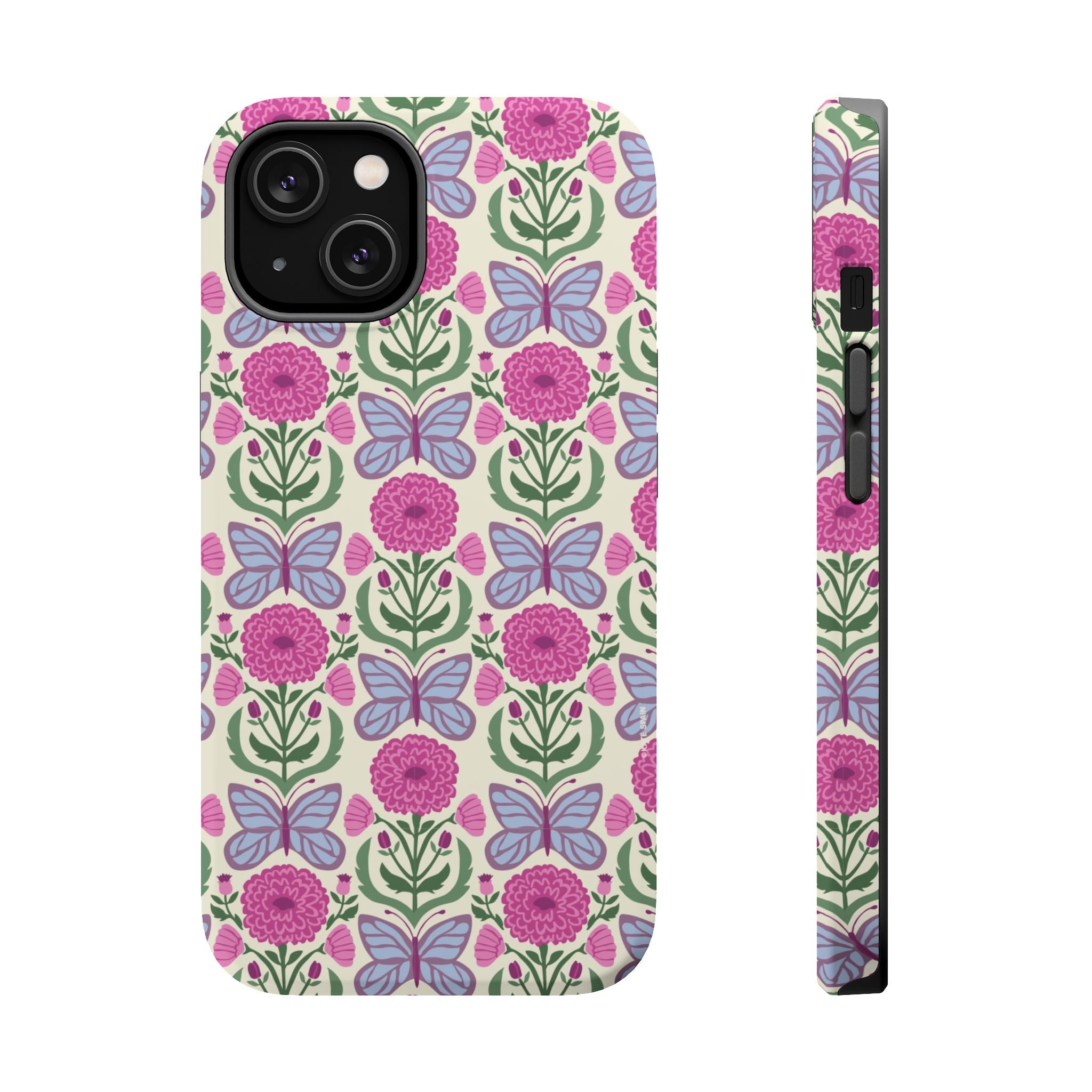 Butterfly MagSafe iPhone 14 Case – Matte | cream, magenta, periwinkle butterfly floral print