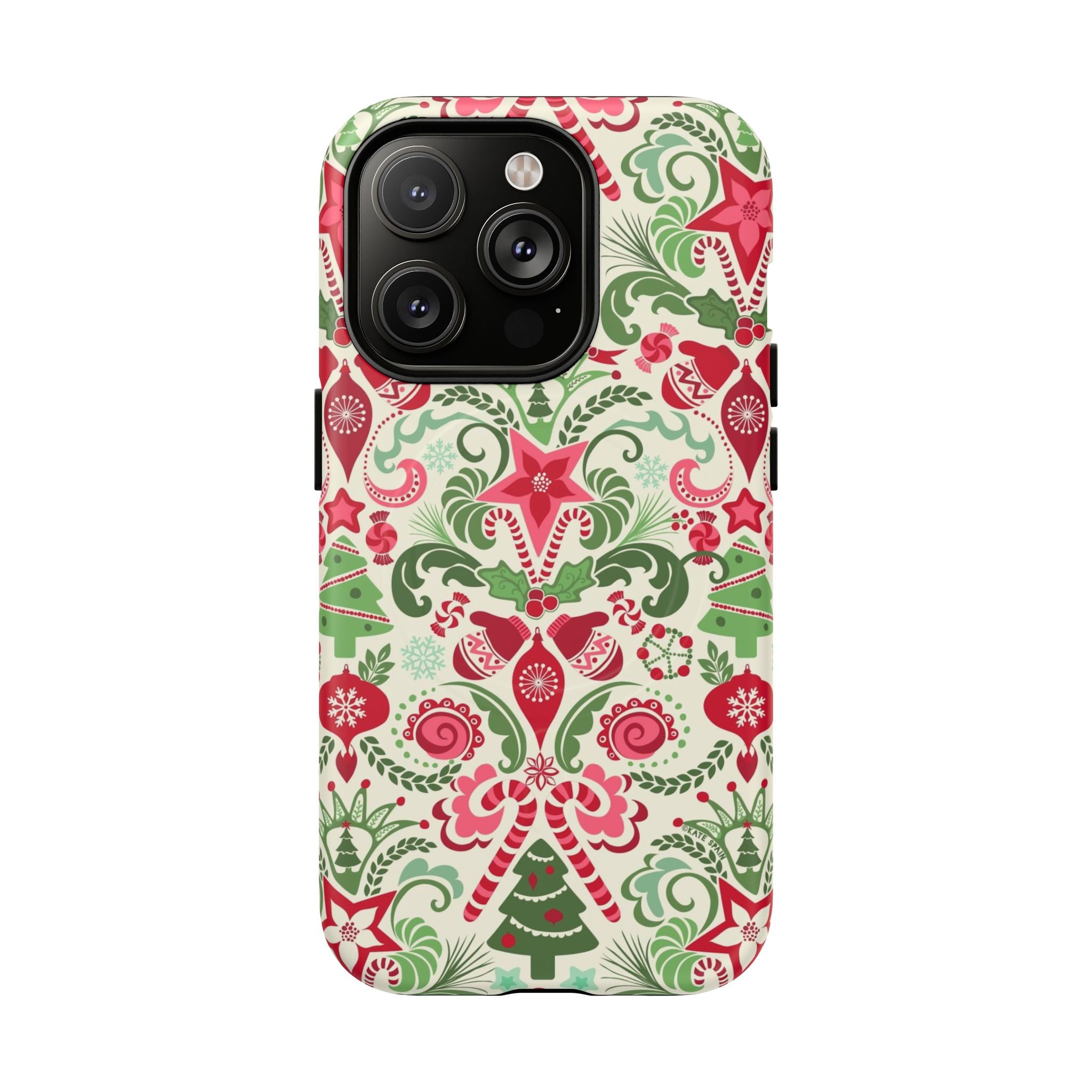 Wonderland MagSafe iPhone 14 Pro Case – Matte | cream, red, and green Christmas holiday medallion print with ornaments, candy canes, trees, and stars