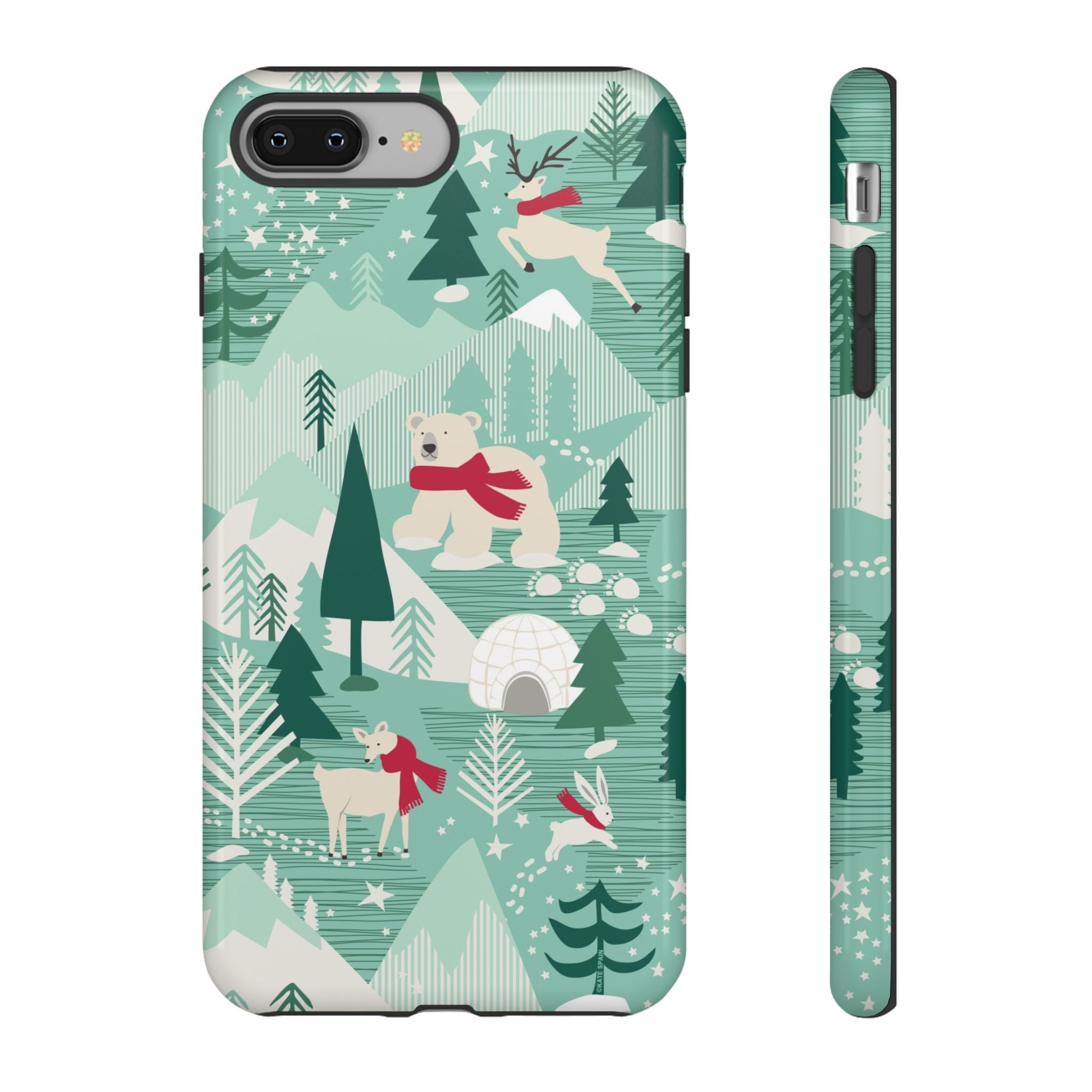 Arctica Winter Tough iPhone 8 Plus Case – Glossy | aqua, evergreen, white, animal frolic winter wonderland print