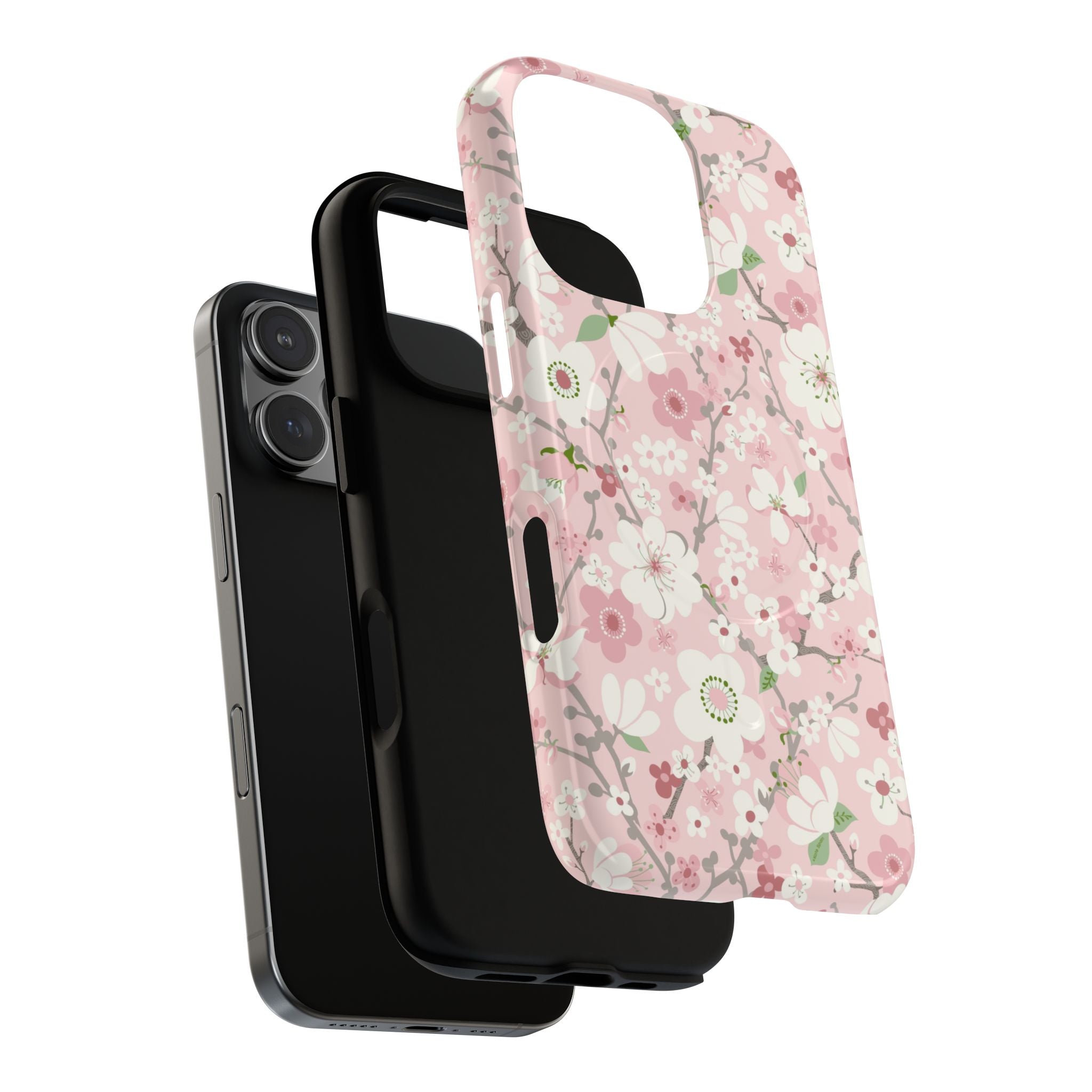 Luxury Pink Cherry Blossom MagSafe iPhone 16 Pro Case – detail view of layered construction | light pink, white, cherry blossom floral print