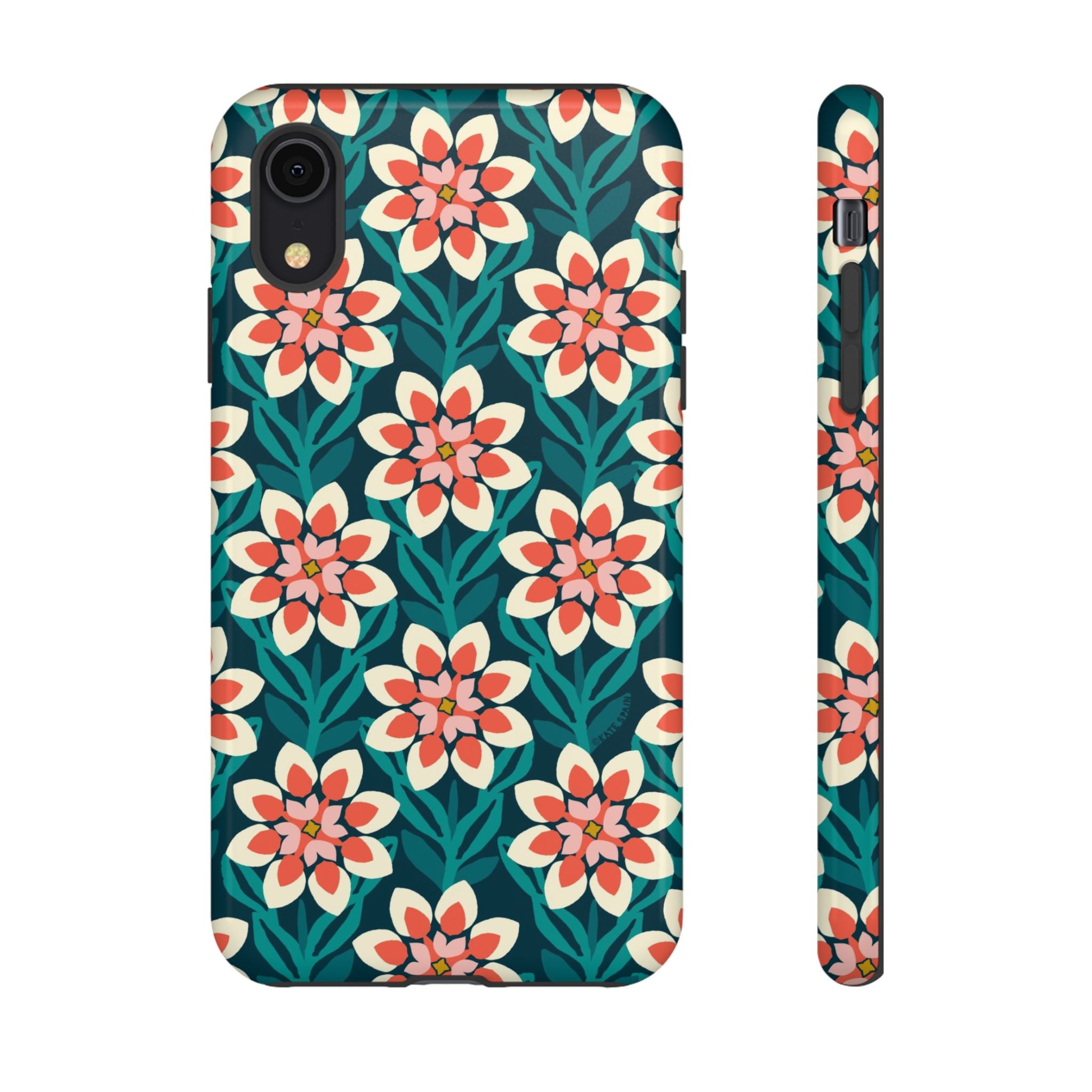 Modern Dahlia Tough iPhone XR Case – Glossy | teal, coral, cream geometric dahlia floral print
