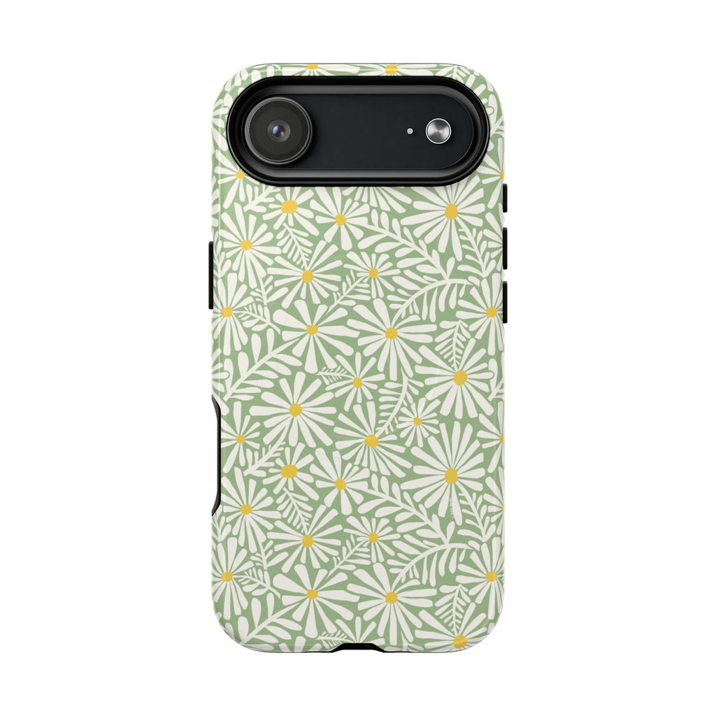 Montauk Daisy Meadow Green MagSafe iPhone 17 Air Case – Glossy | sage green, white graphic daisy and fern print, golden yellow centers MagSafe compatible, dual-layer protection