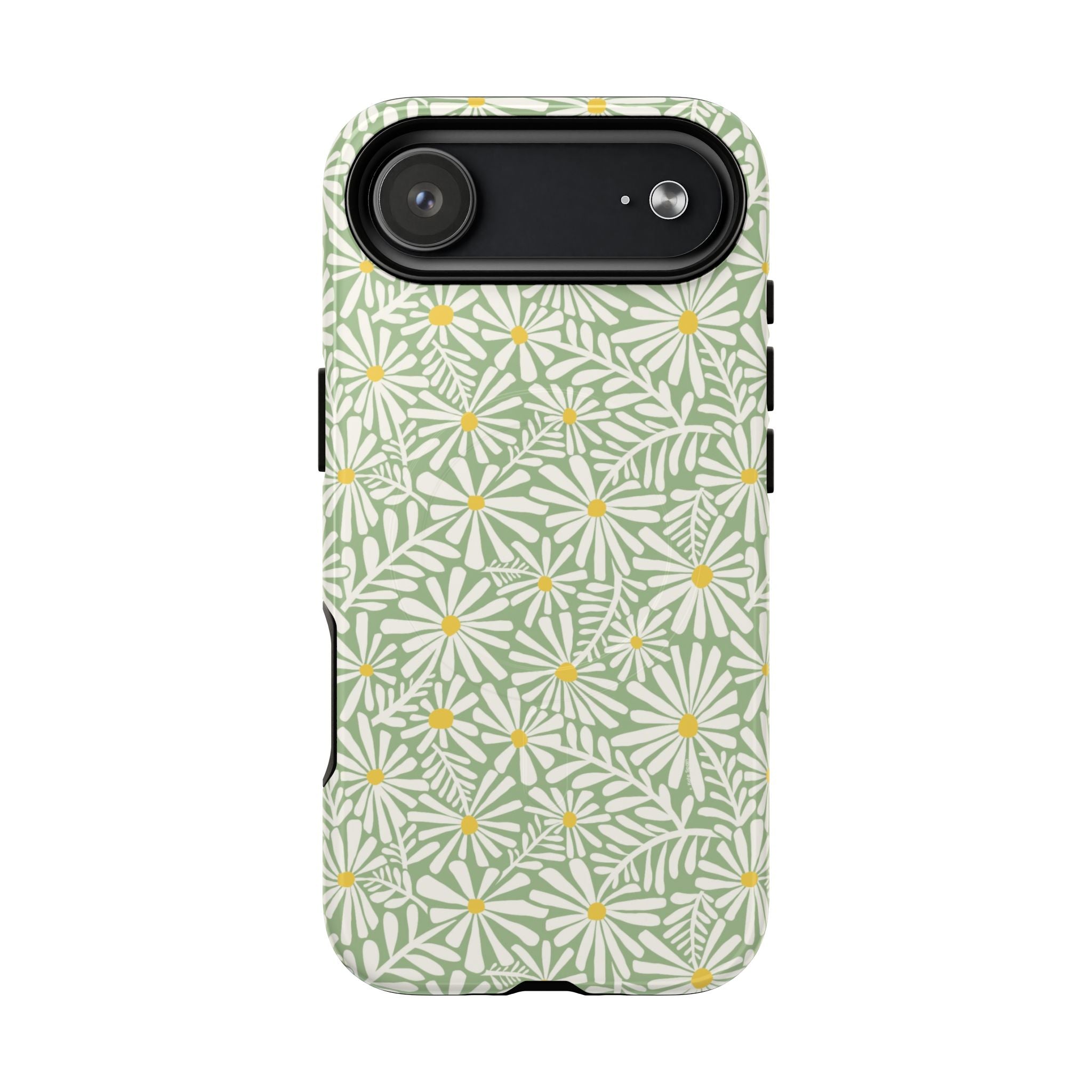 Montauk Daisy Meadow Green MagSafe iPhone 17 Air Case – Glossy | sage green, white graphic daisy and fern print, golden yellow centers MagSafe compatible, dual-layer protection