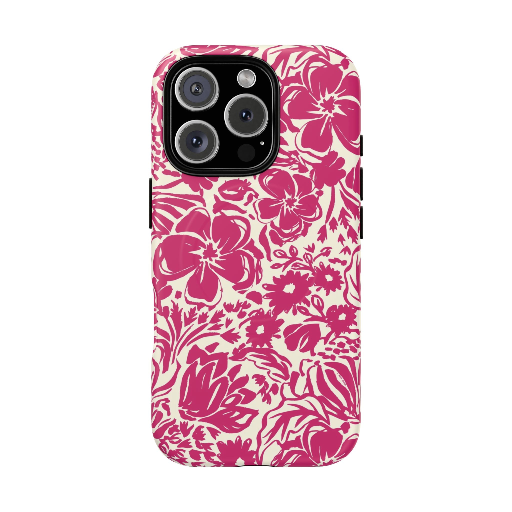 Rhapsody Bright Pink MagSafe iPhone 16 Glossy case — bold magenta floral print on cream by Kate Spain