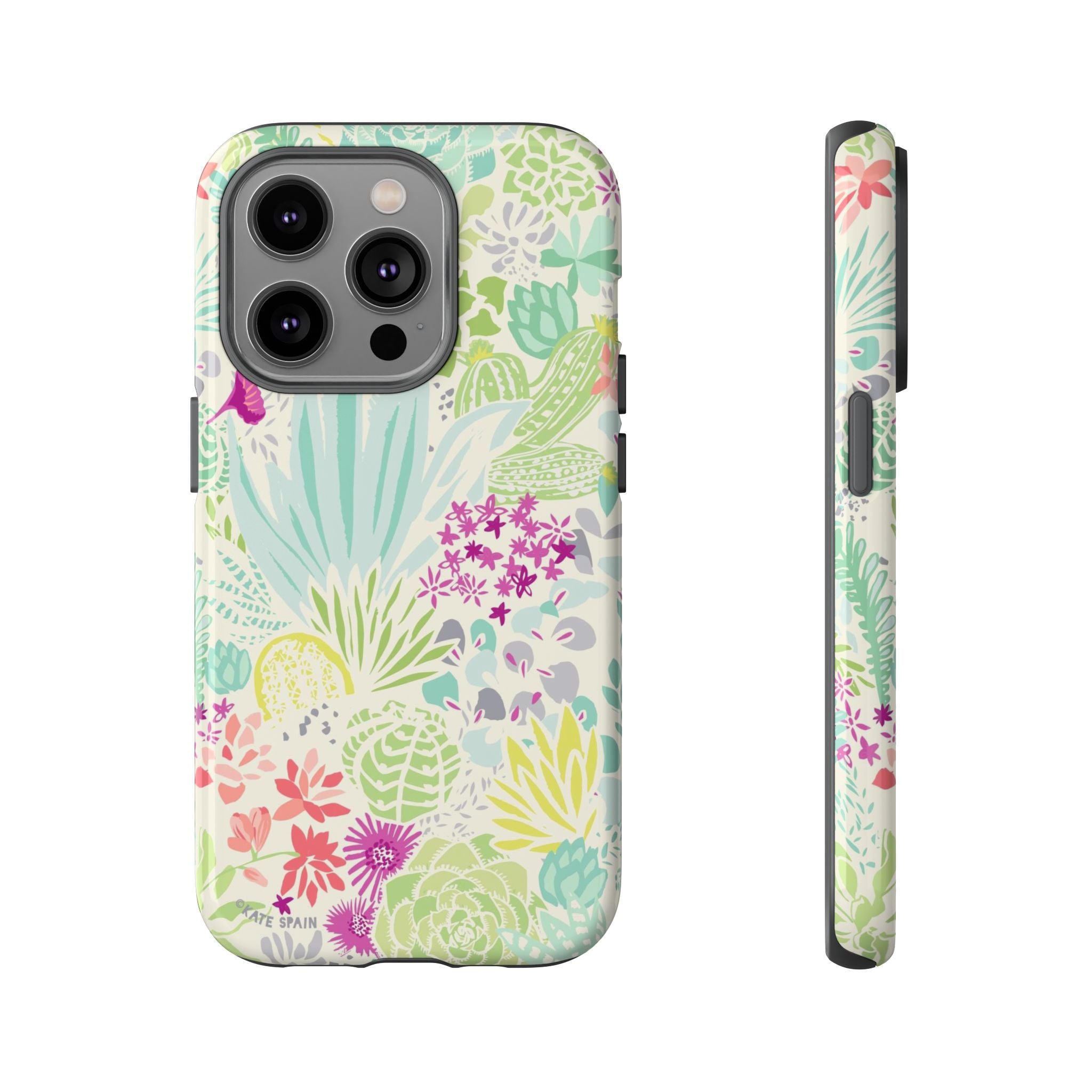 Canyon Tough iPhone 14 Pro Case – Glossy | cream, sage, aqua, mauve, fuschia botanical succulent print