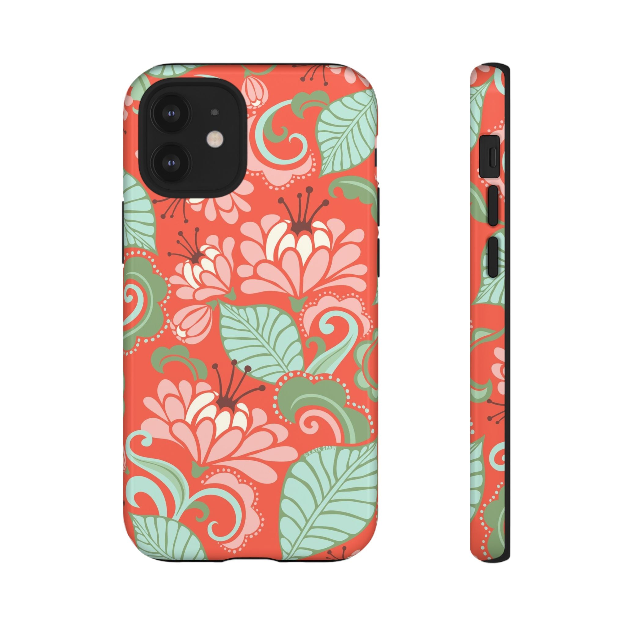 Sarabande Tough iPhone 12 Mini Case – Glossy | coral, pink, cream, green botanical floral print