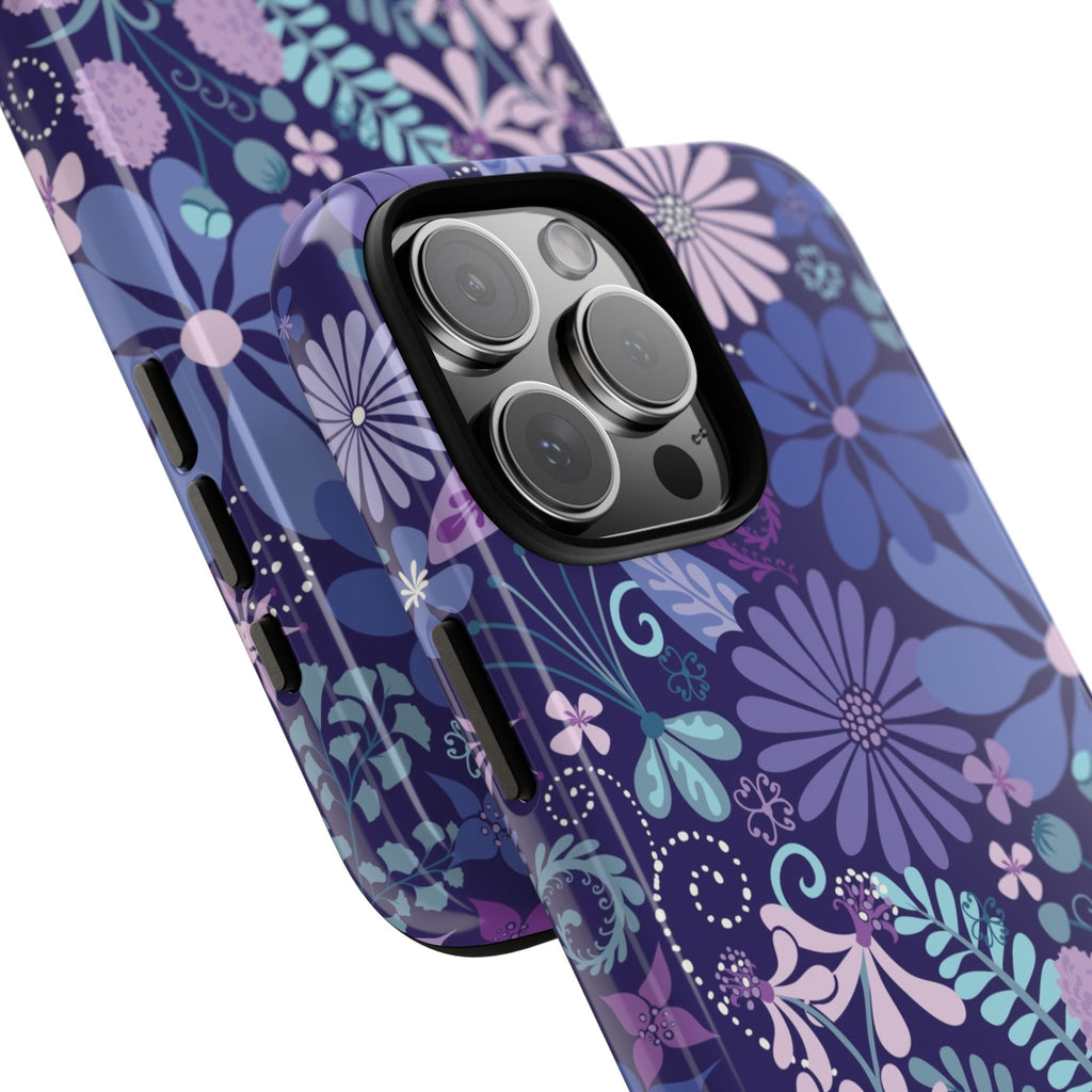 Luxury Terrain Tough iPhone 16 Pro Max Case – Glossy | close-up of 3 lenses in camera in protective case in navy, purple, aqua botanical woodland floral print