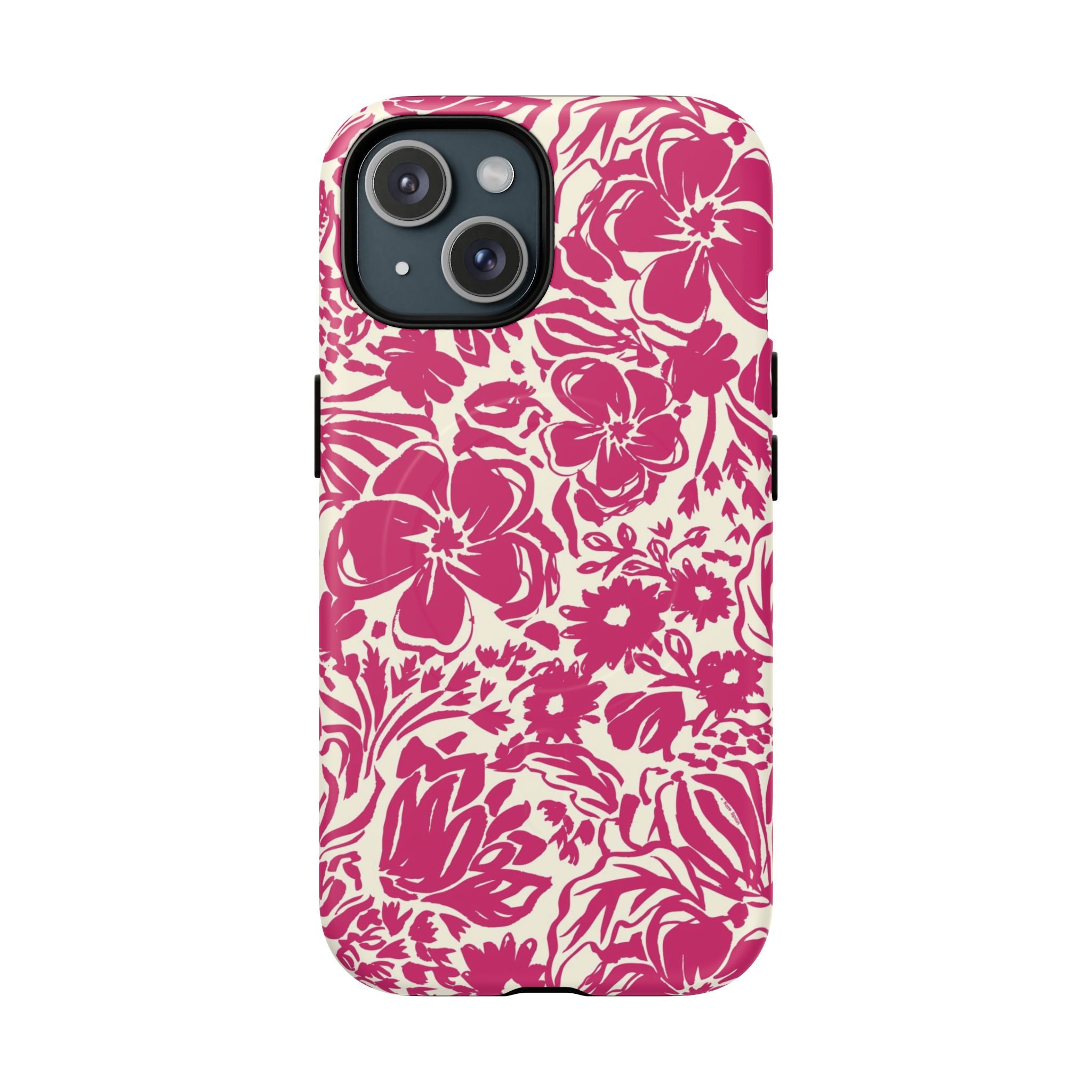Rhapsody Bright Pink MagSafe iPhone 15 Matte case — bold magenta floral print on cream by Kate Spain