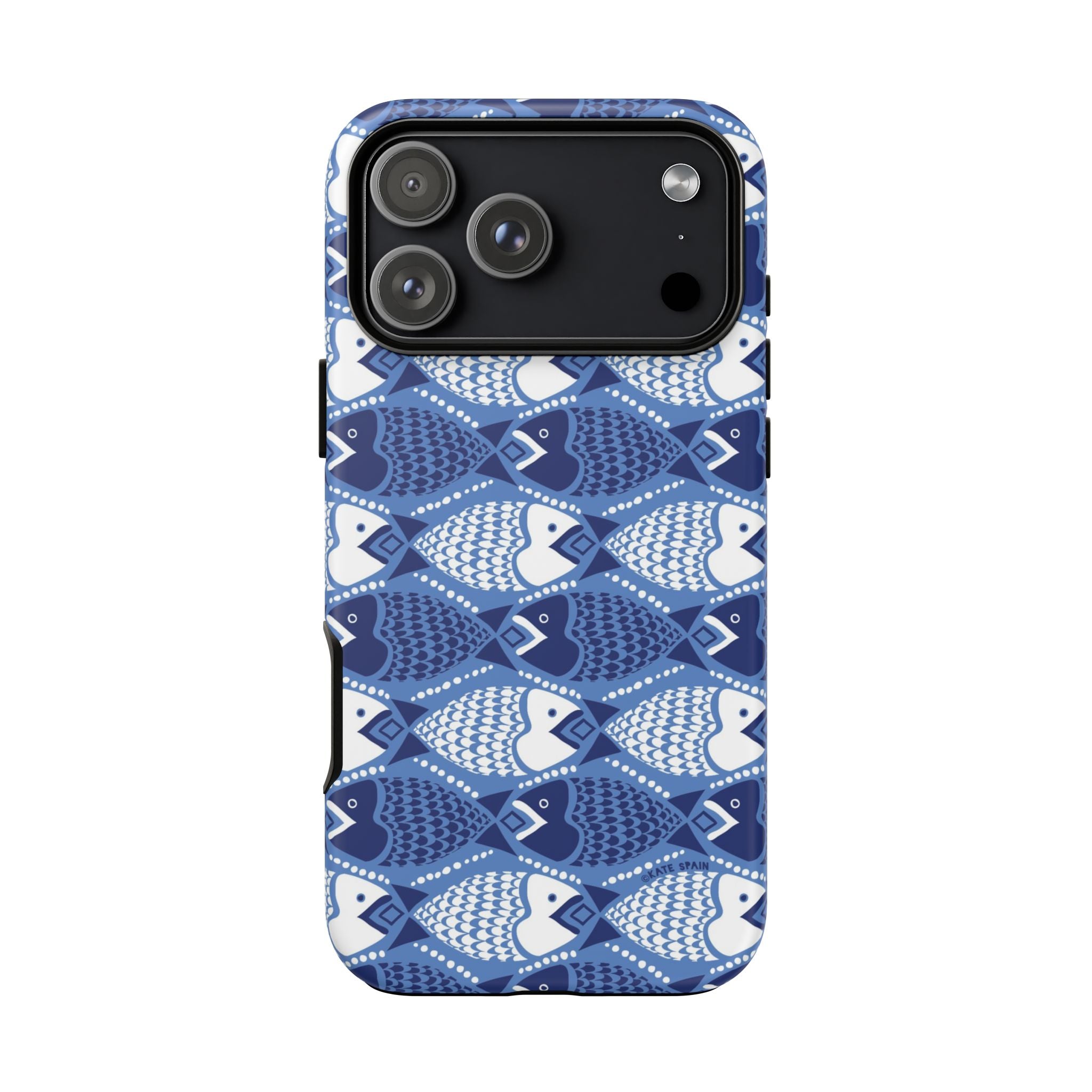 Catch of the Day Tough iPhone 17 Pro Max Case – Matte | navy, blue, white geometric fish print