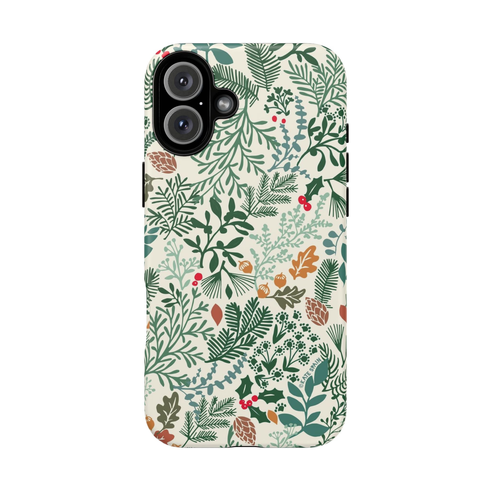 Juniper Tough iPhone 16 Plus Case – Matte | cream, green, red botanical woodland print