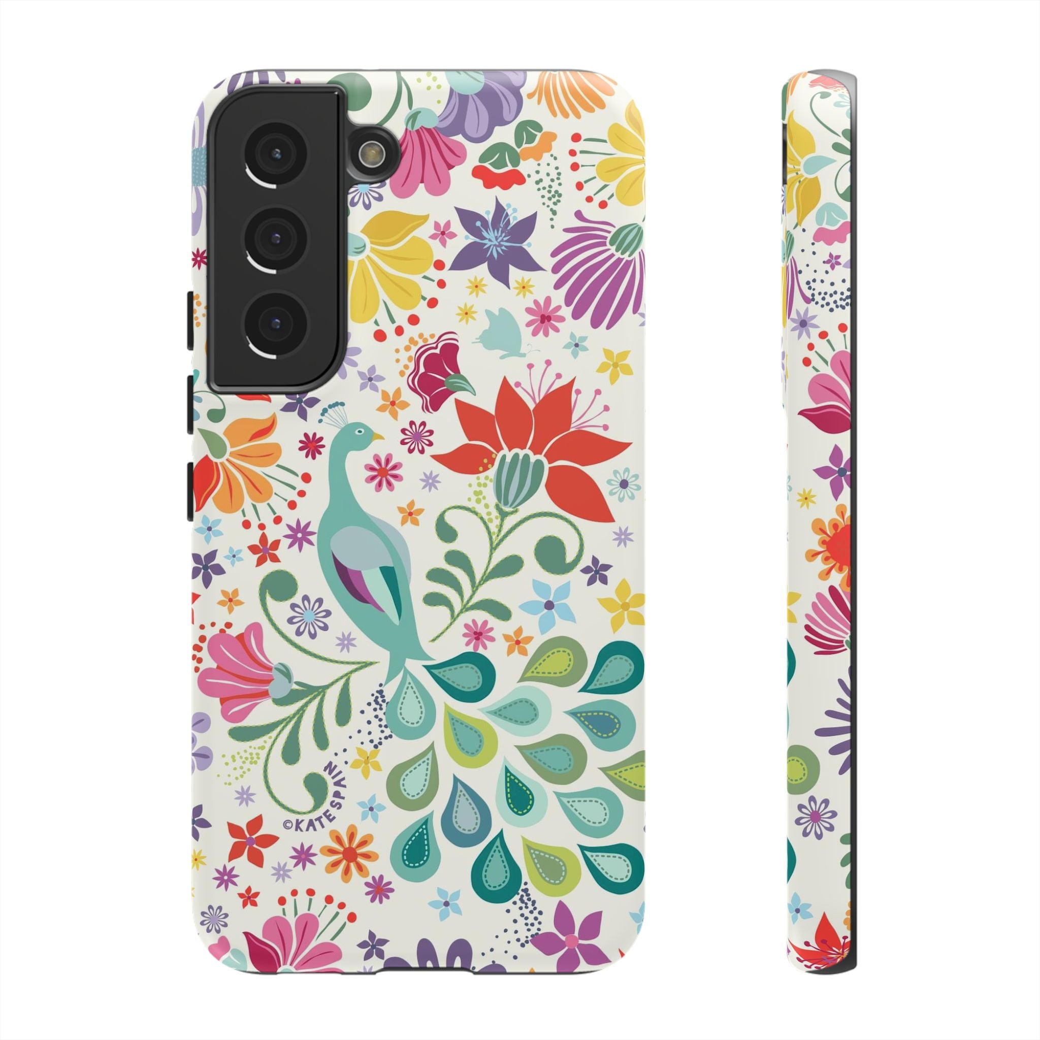 Luxury Peacock Sanctuary Samsung Galaxy S22 Case – Matte | white, teal, coral multicolor vibrant peacock feather botanical print