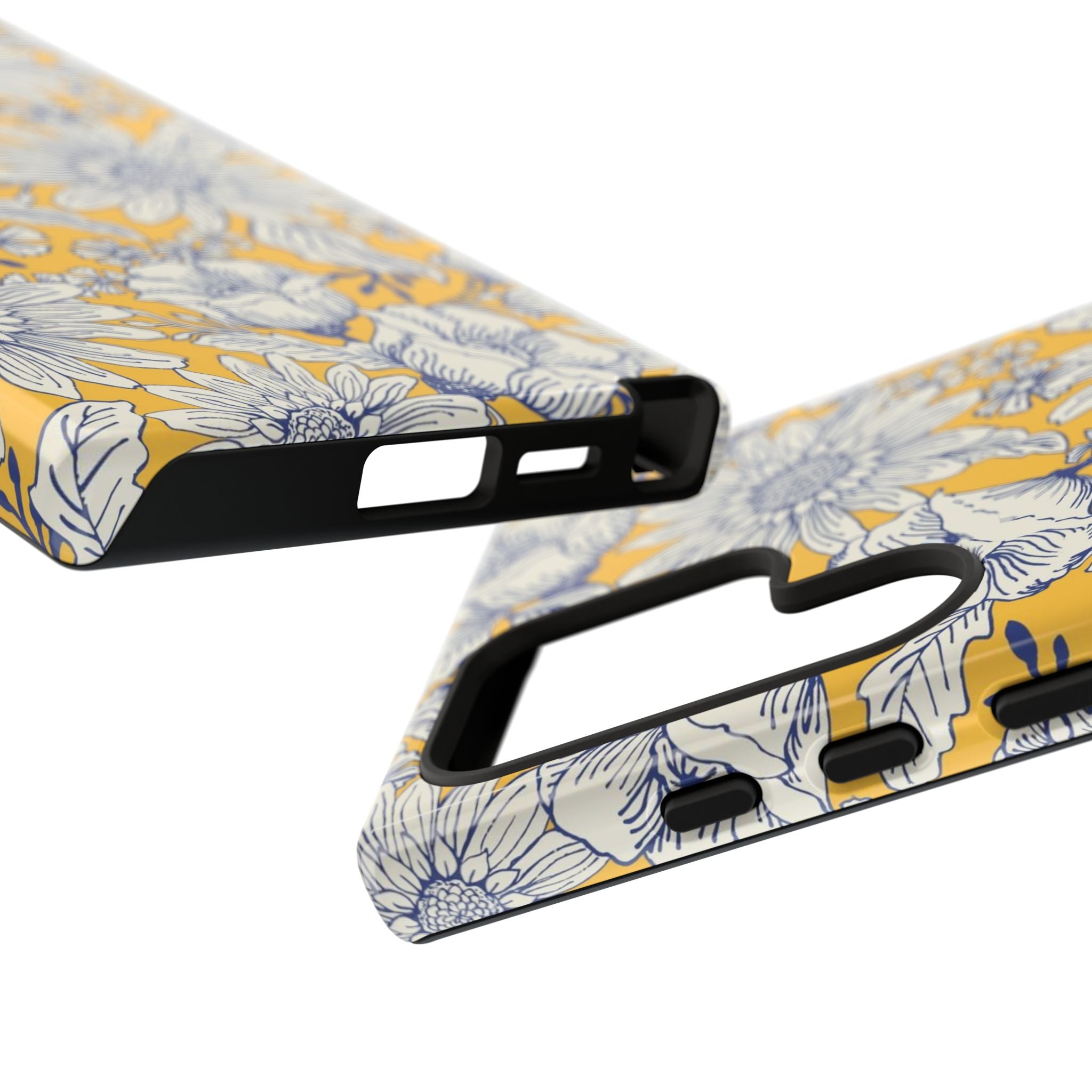 Luxury Jardin Samsung Galaxy S24 Ultra Case – Glossy | close-up of sides of case in yellow, cream, blue botanical floral print