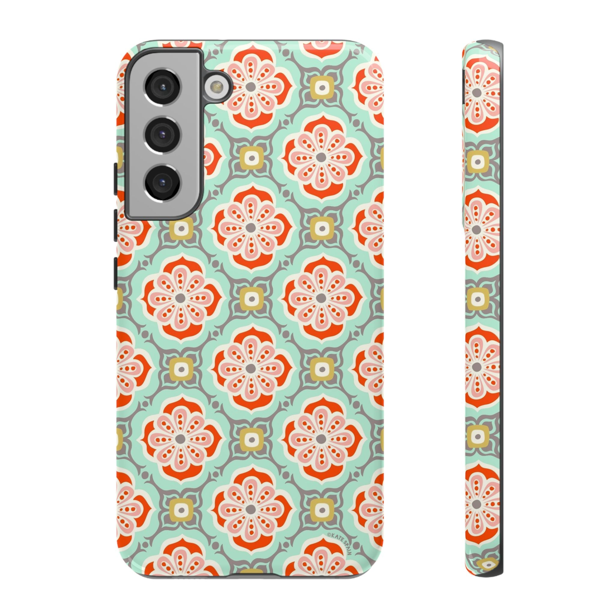 Luxury Alhambra Samsung Galaxy S22 Plus Case – Glossy | light turquoise, coral, cream geometric medallion tile print
