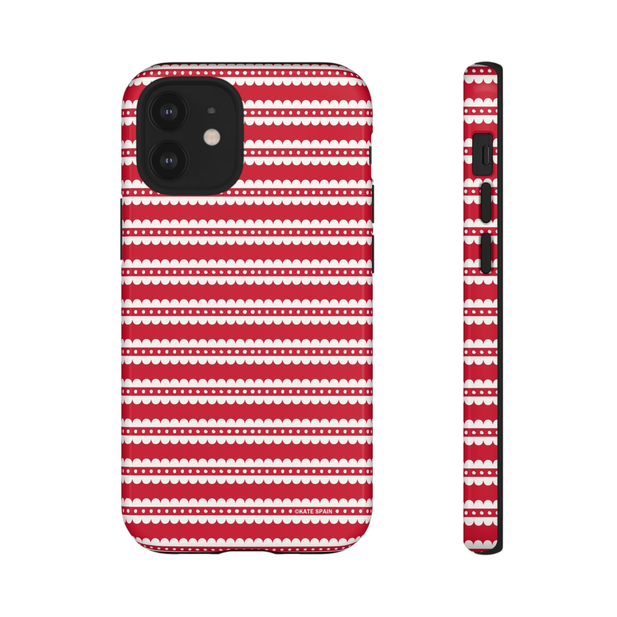 Candy Cane Stripe Tough iPhone 12 Mini Case – Glossy | red, cream scalloped candy cane stripe print