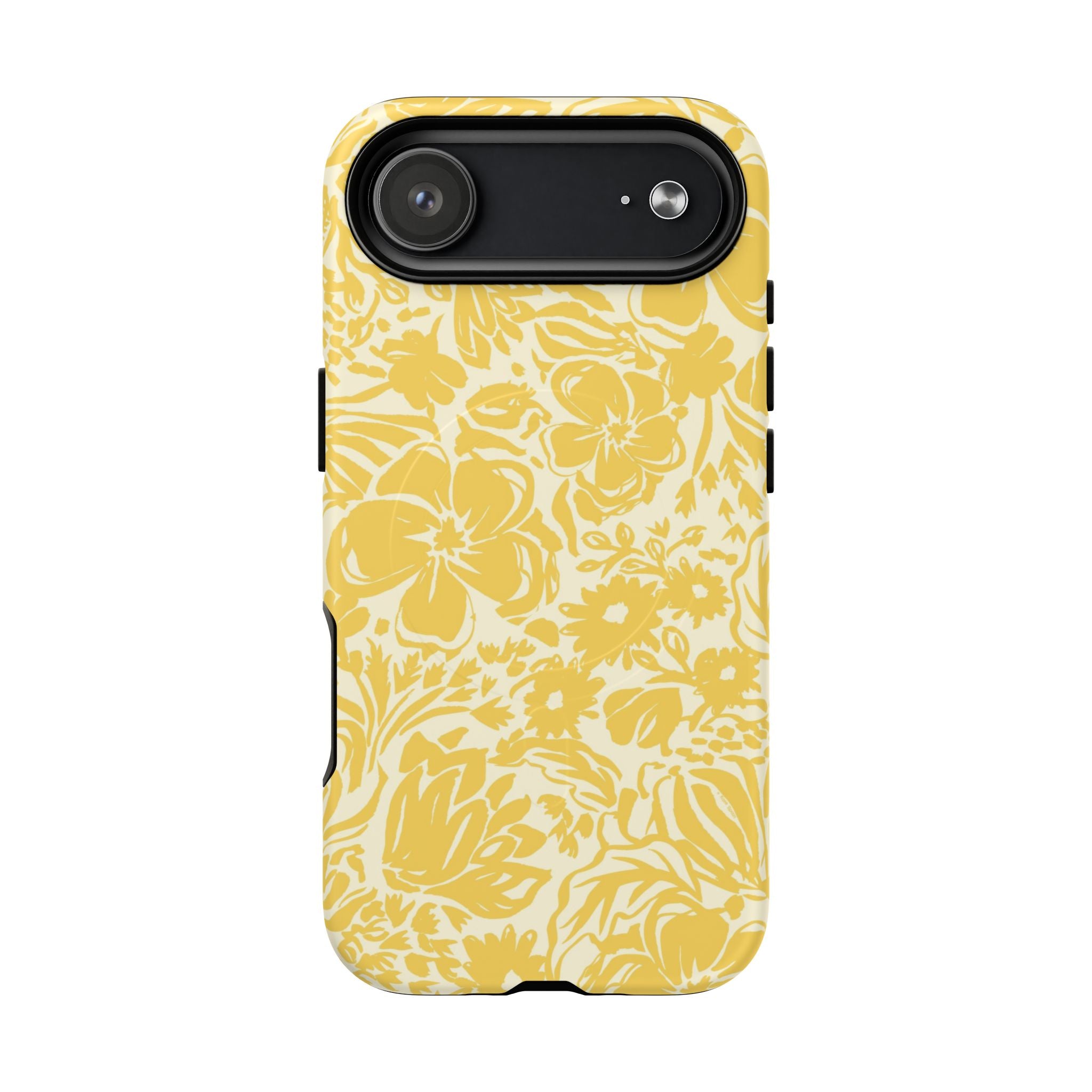 Rhapsody Yellow MagSafe iPhone 17 Air Matte case — bold golden yellow floral print on cream by Kate Spain