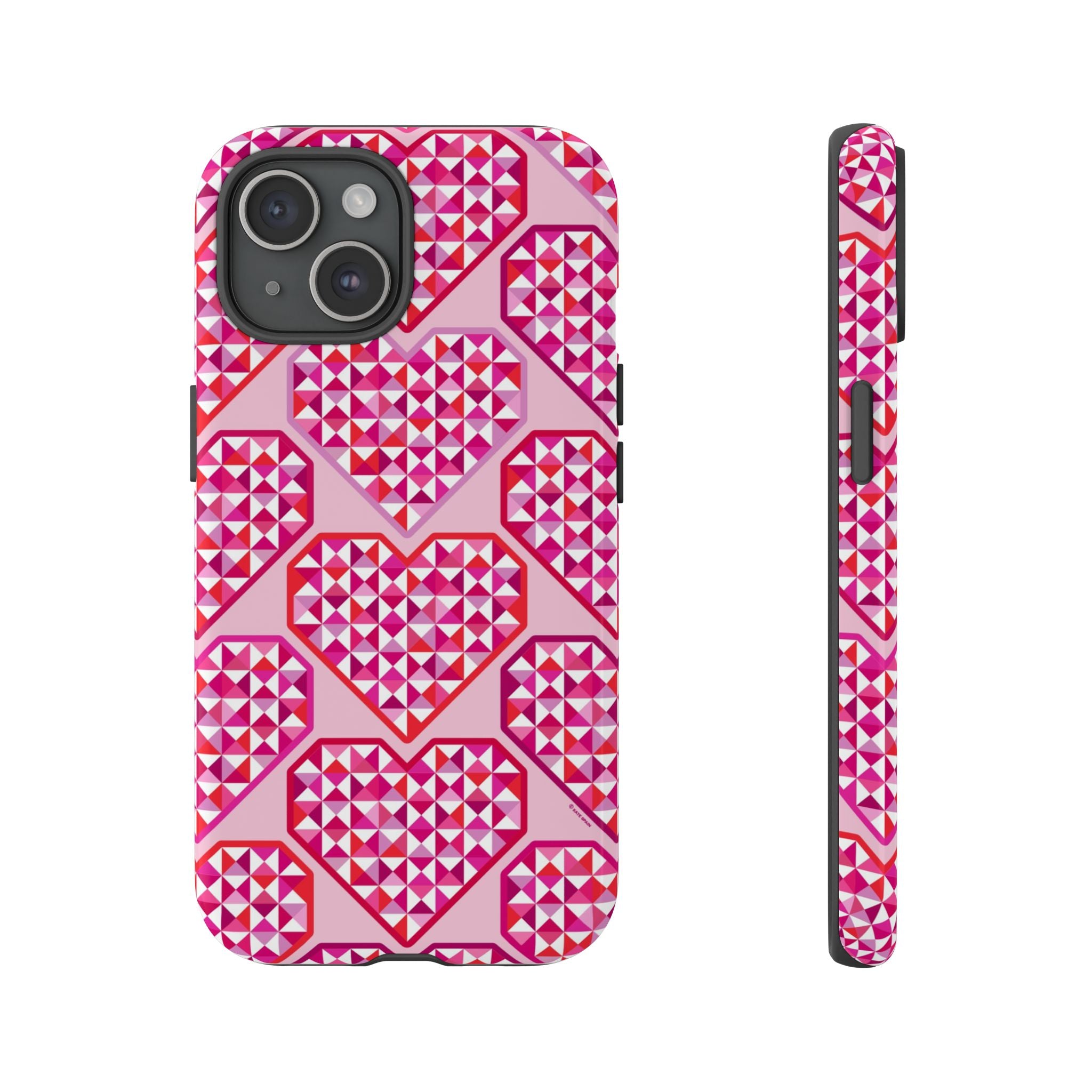 Pink Pyramid Heart Tough iPhone 15 Case – Glossy | blush, pink, magenta, red geometric pyramid heart print