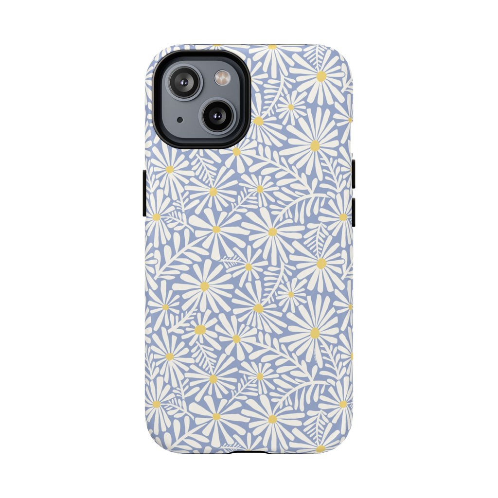 Montauk Daisy Cottage Blue MagSafe iPhone 14 Case – Matte | periwinkle blue, white graphic daisy and fern print, golden yellow centers MagSafe compatible, dual-layer protection