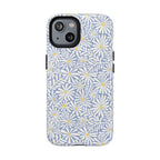 Montauk Daisy Cottage Blue MagSafe iPhone 14 Case – Matte | periwinkle blue, white graphic daisy and fern print, golden yellow centers MagSafe compatible, dual-layer protection